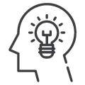Icon showing a head with a keyhole in it and a large light bulb in front representing understanding or ideas.