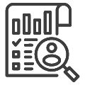 Magnifying glass over bar and pie charts with audit checklist and calculator symbols.