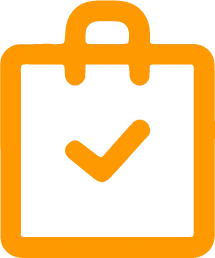 Orange clipboard icon with a check mark in the center.