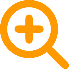 Orange magnifying glass icon with a plus sign inside representing zoom in or search zoom.