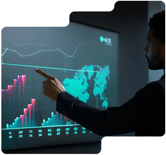 Man pointing at digital screen with colorful bar charts and a world map in a dark room.