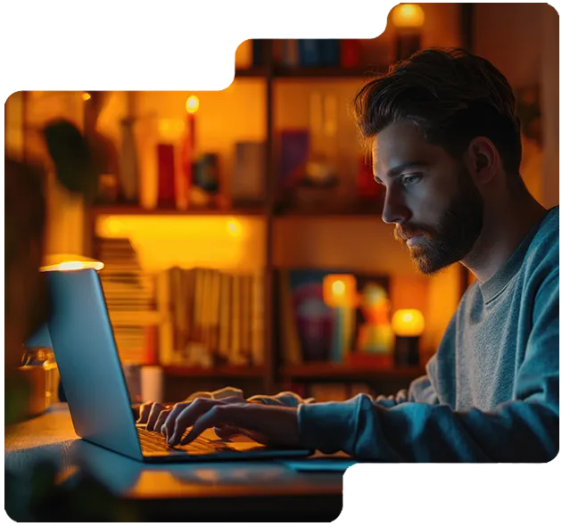 Man with beard focused on typing on a laptop in a dimly lit room with warm lighting and shelves behind him.