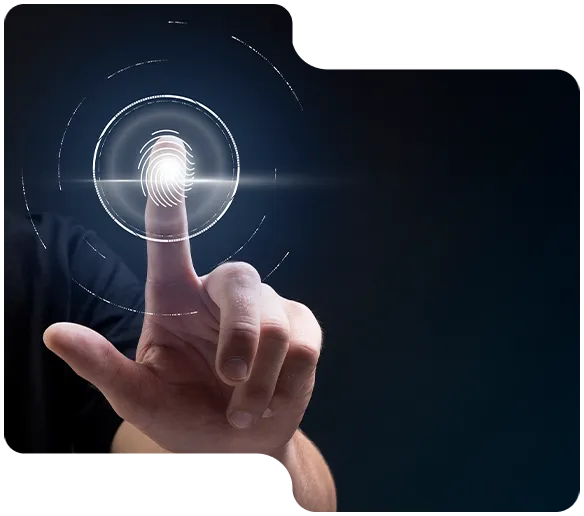 Hand with index finger pressing a digital fingerprint scanner interface glowing in dark background.