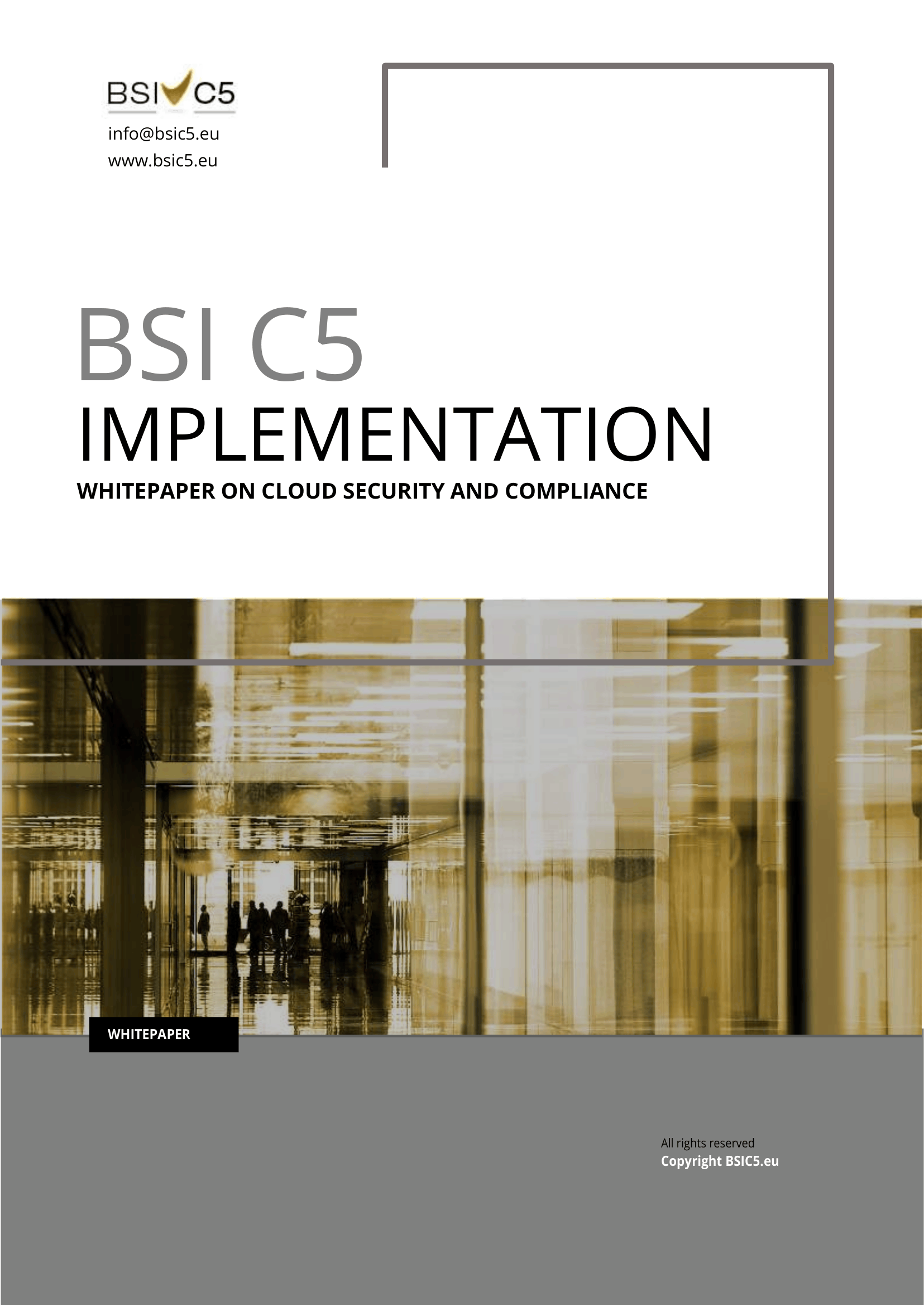 Cover page of BSI C5 Implementation whitepaper on cloud security and compliance with abstract figures inside building.
