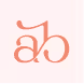 Stylized lowercase letters 'a' and 'b' intertwined in a coral color on a light pink background.