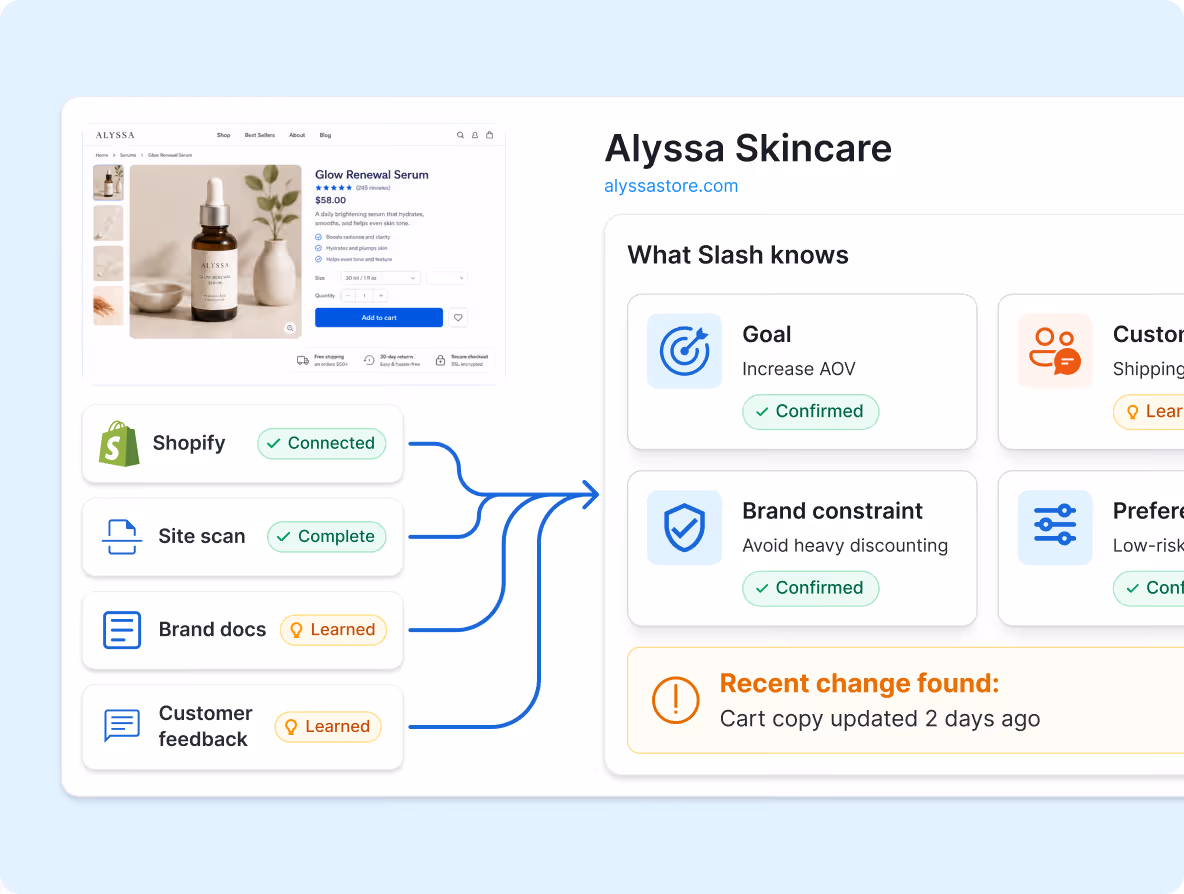 Dashboard showing Alyssa Skincare data with Shopify connection, site scan complete, brand docs and customer feedback learned, confirming goals and brand constraints.
