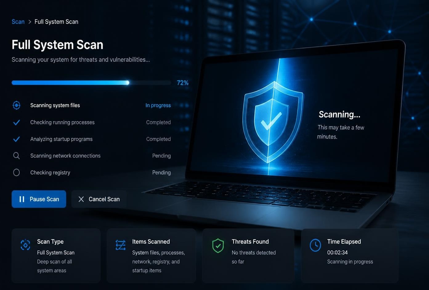 laptop screen with a cybersecurity scan running checking all settings