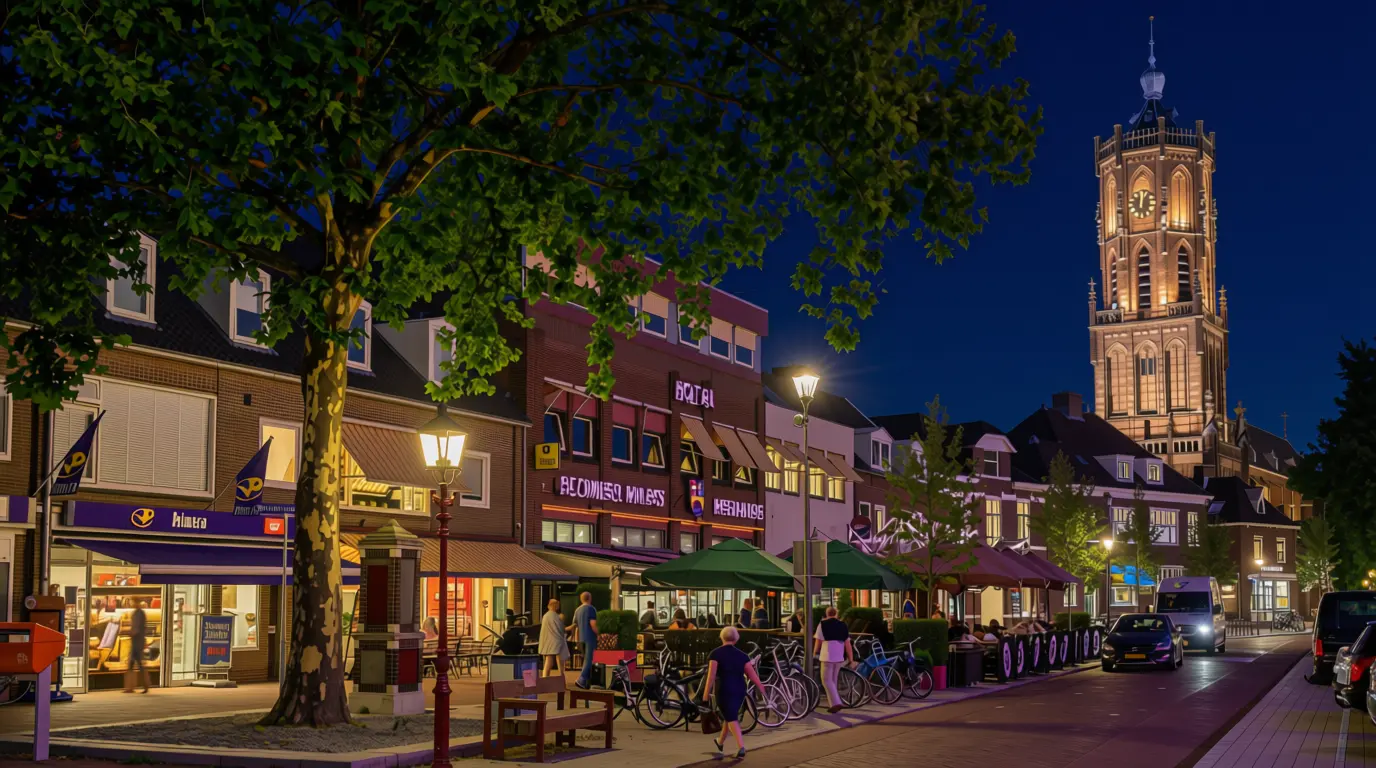 Uitzicht op de kerktoren van Elst met op de voorgrond het bedrijfsleven en horeca aan de hoofdstraat
