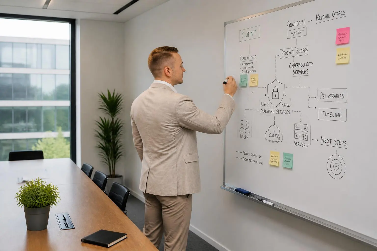 Eigenaar van Peakproteqt die een plan uittekent op een whiteboard voor hun klanten