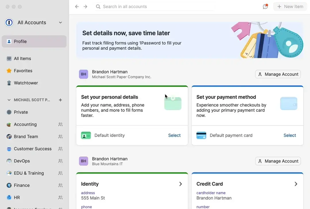 1Password kluis overzicht van de app wanneer 1Password opent