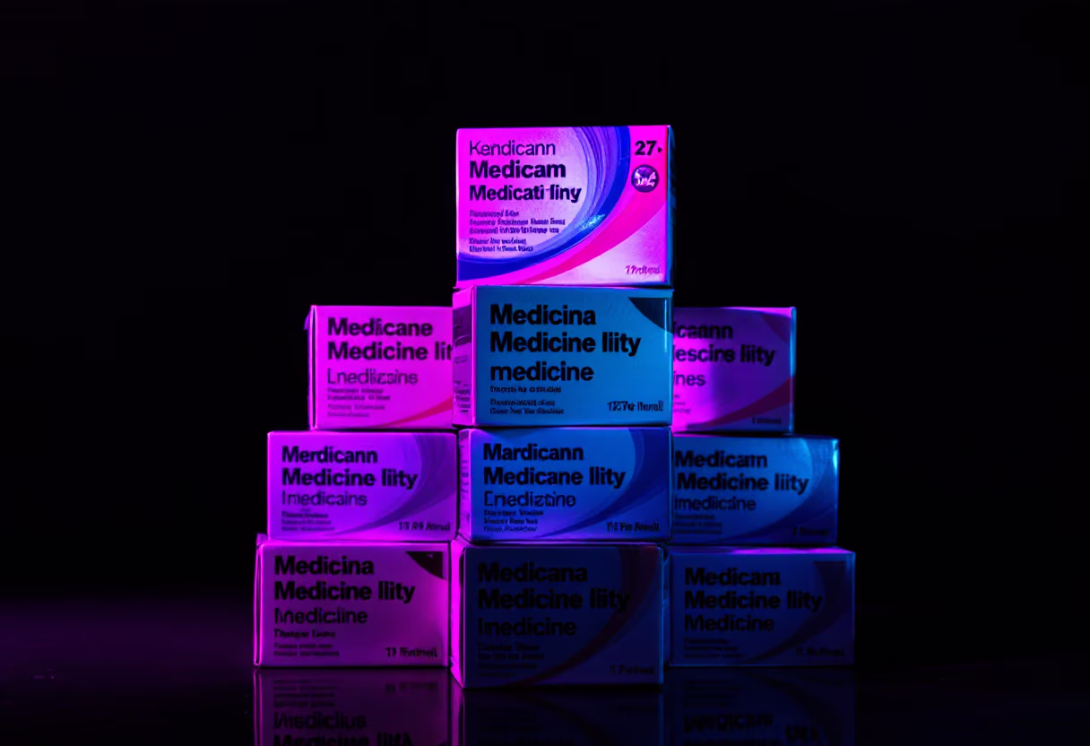 image of medicine boxes in a pharmacy