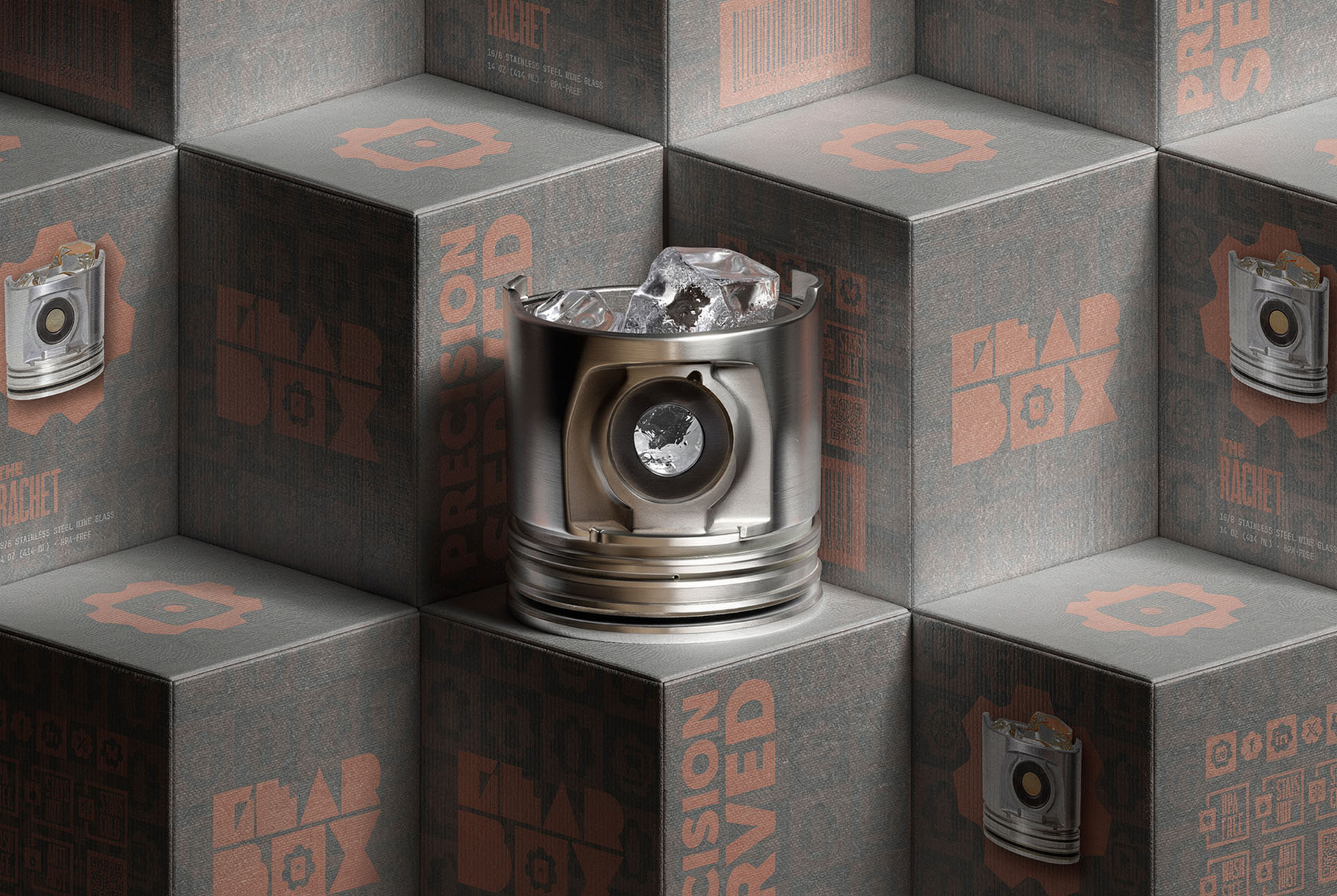 Gearbox packaging boxes stacked with piston products