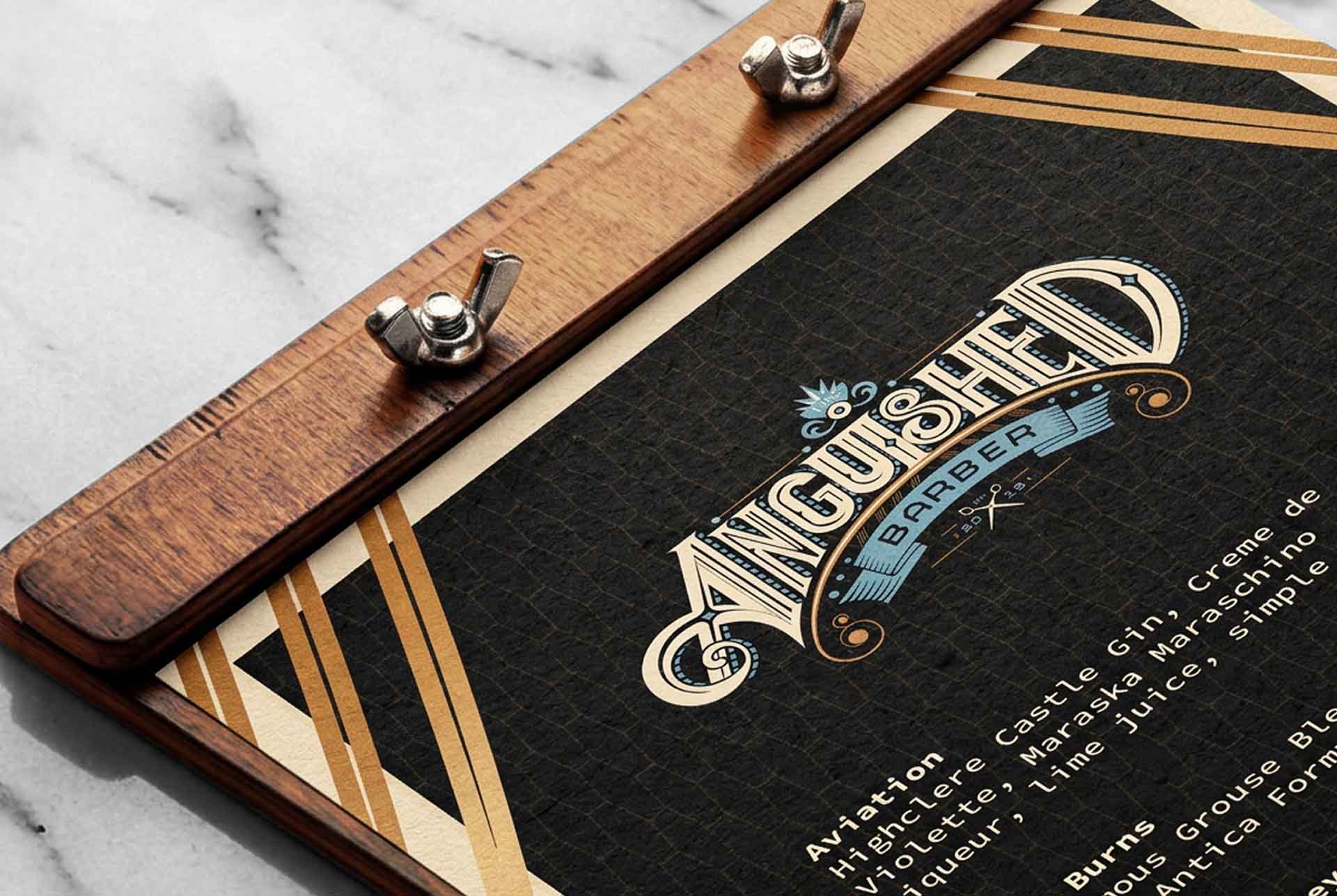 The Anguished Barber branded cocktail menu
