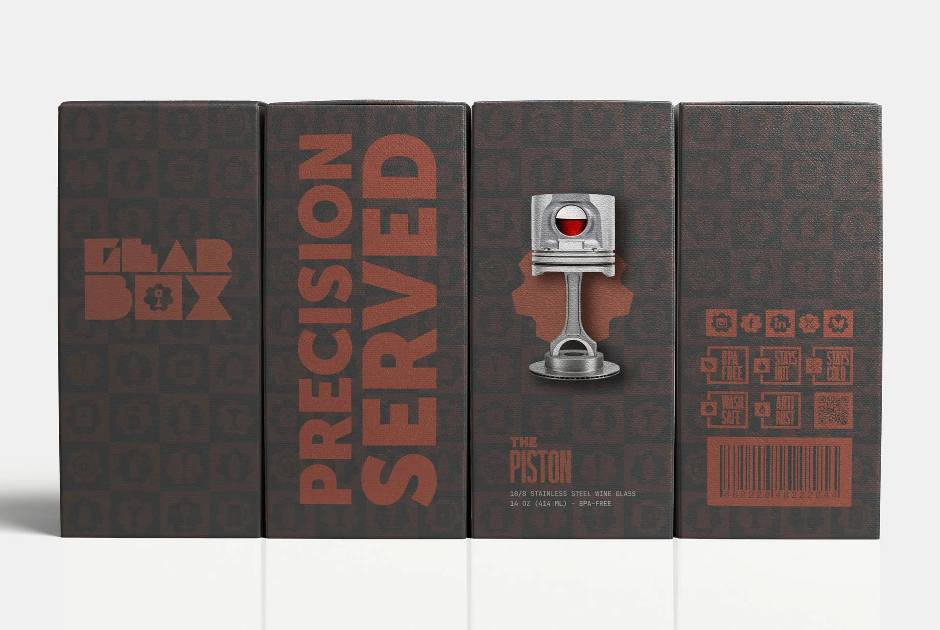 The Piston box panels in charcoal and oxblood, carrying the Gearbox cog logo, PRECISION SERVED set vertically, a piston stem glass silhouette with product specs, and a barcode panel