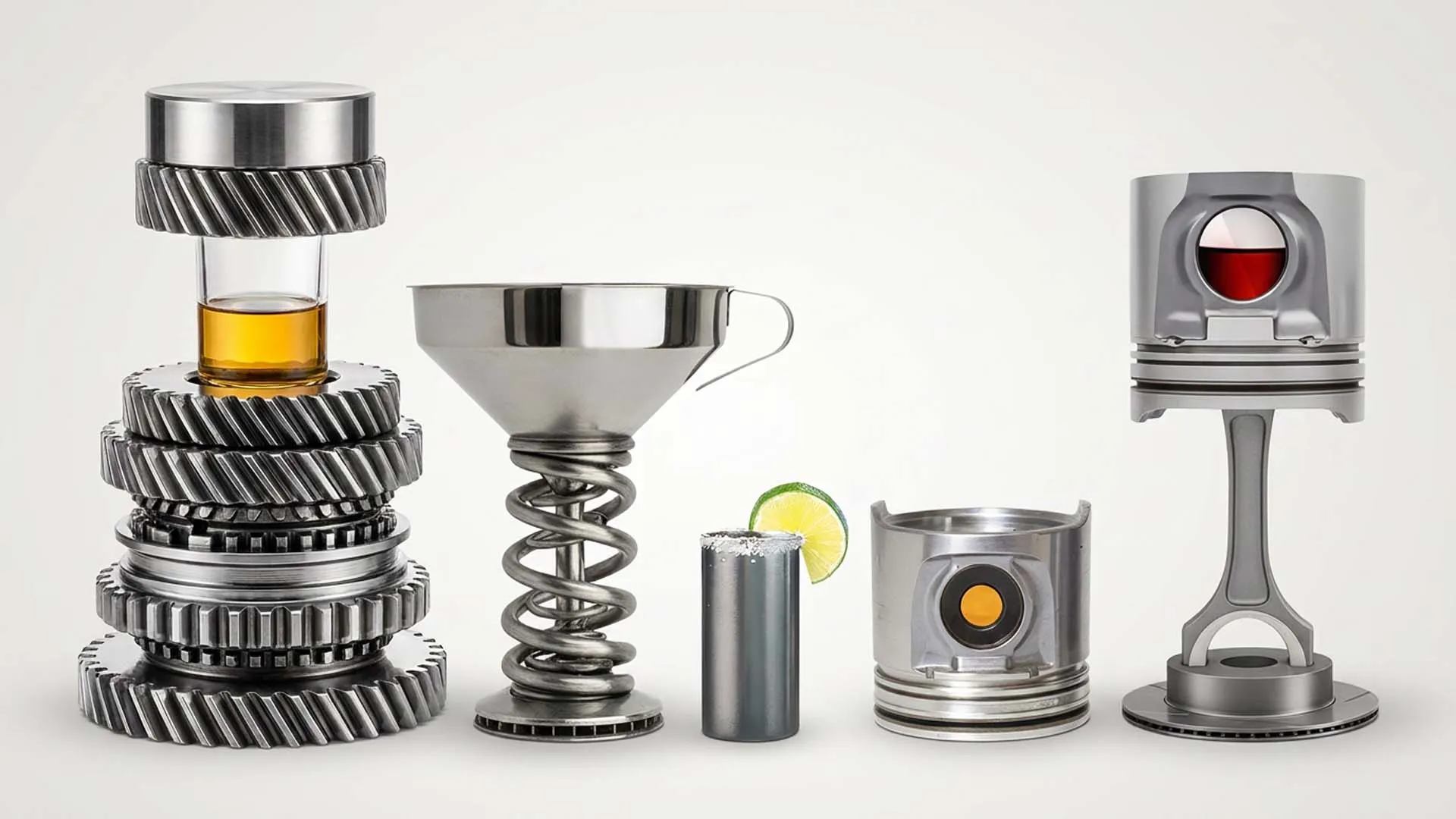 Gearbox drinkware lined up on white, a stacked gear tumbler, a coil spring stemmed coupe, a shot cup, a piston tumbler and a piston stem wine glass