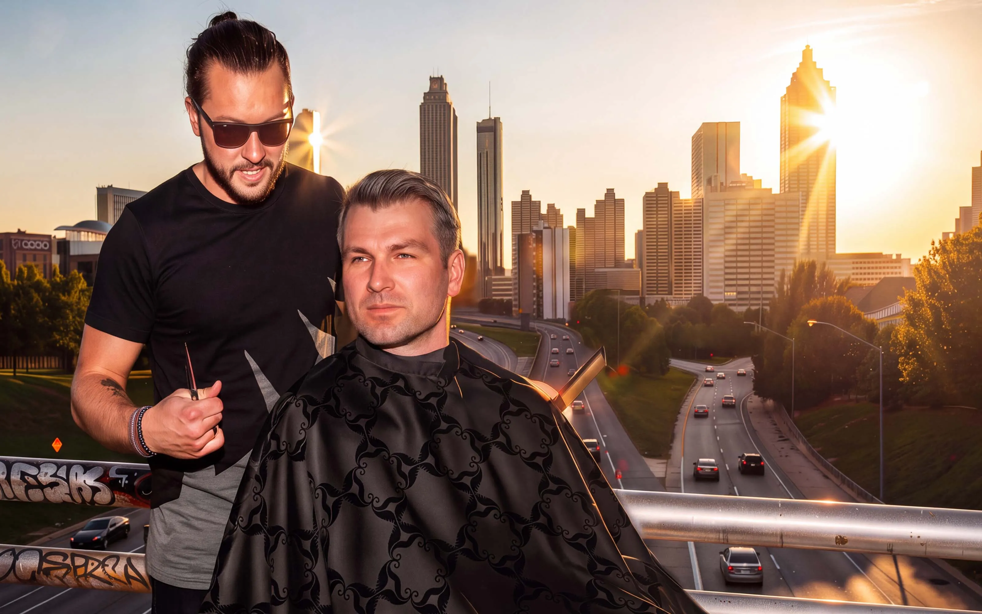 Barber cutting a client's hair on an Atlanta rooftop at sunset, downtown skyline behind them