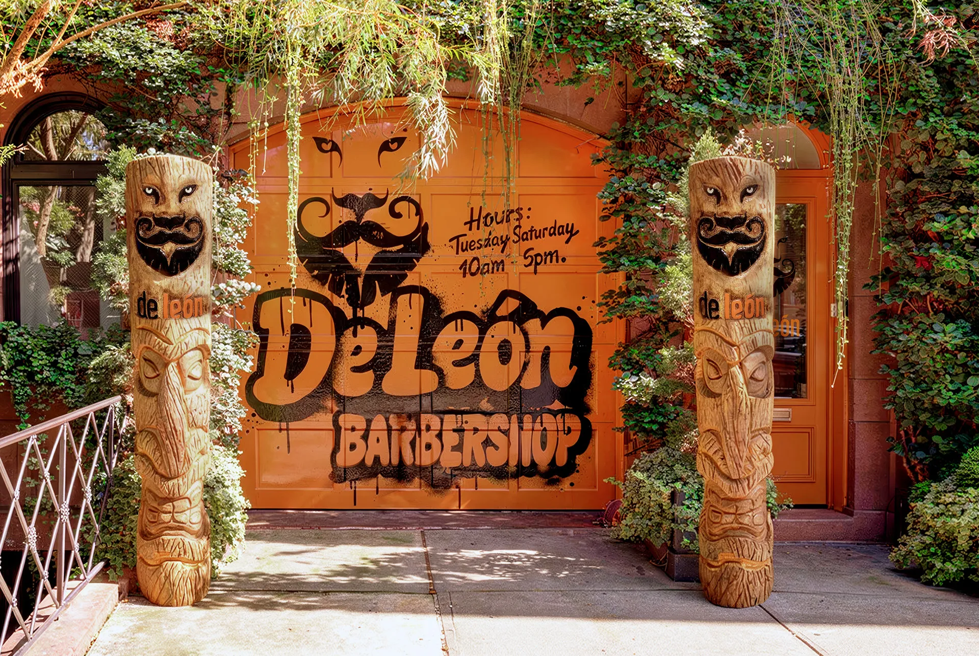 De León barbershop storefront with hand painted signage