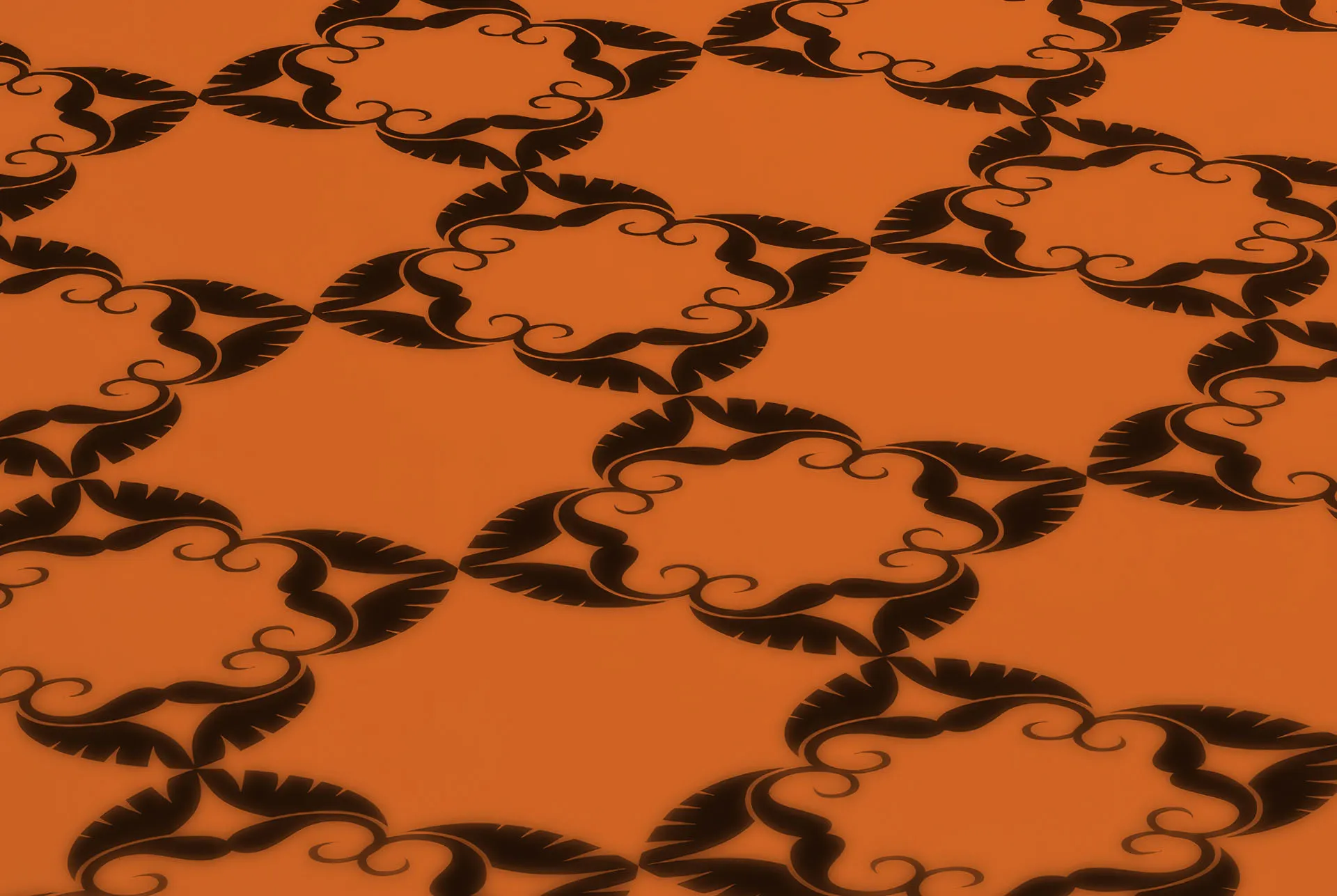 De León pattern, black lion and leaf motifs repeating in a diagonal grid across a solid orange ground