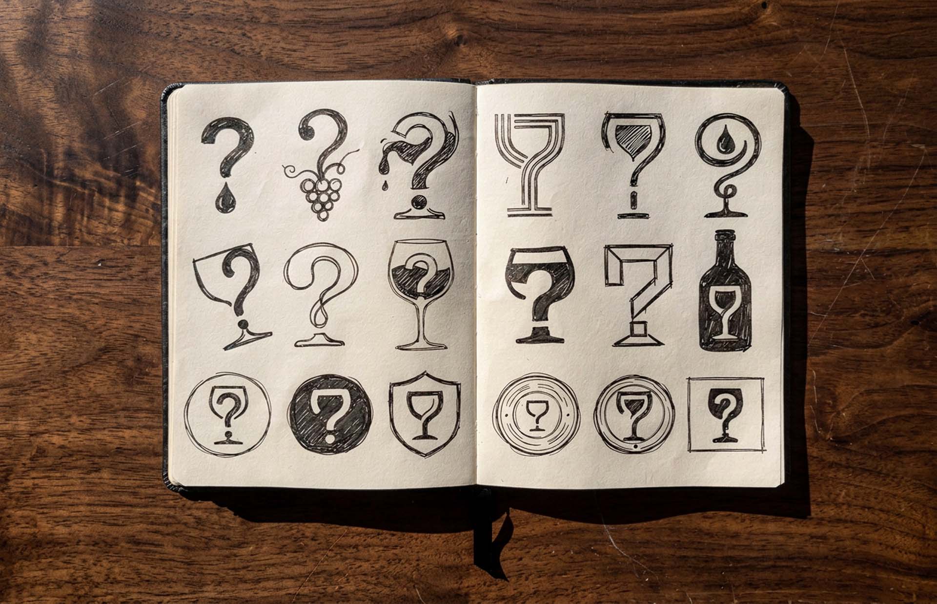 An open sketchbook on wood filled with eighteen Sommify logo concepts, question marks worked into wine glasses, bottles and badges