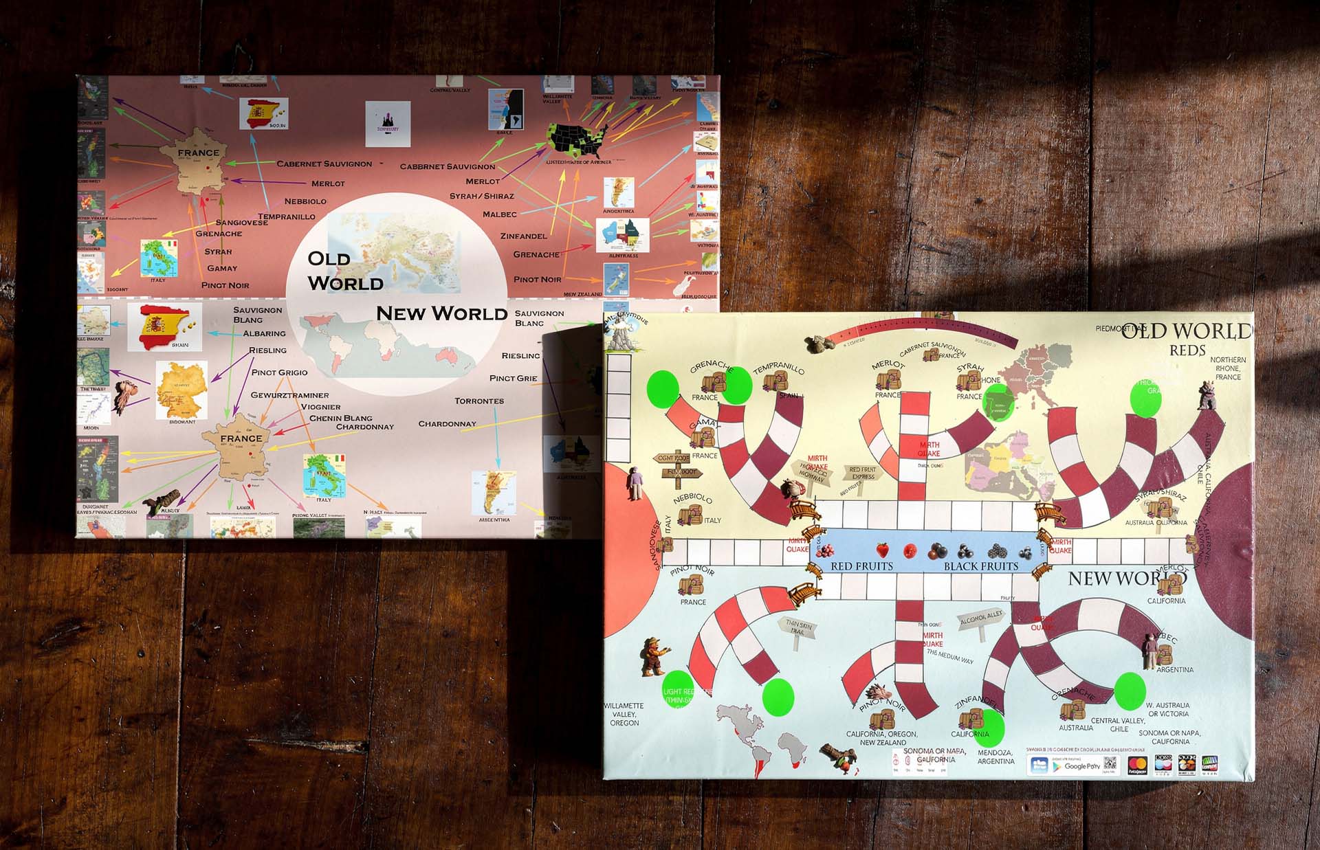 Sommify prototype boards made by the founders before Andrew McKee joined, a wine region map and the original printed board