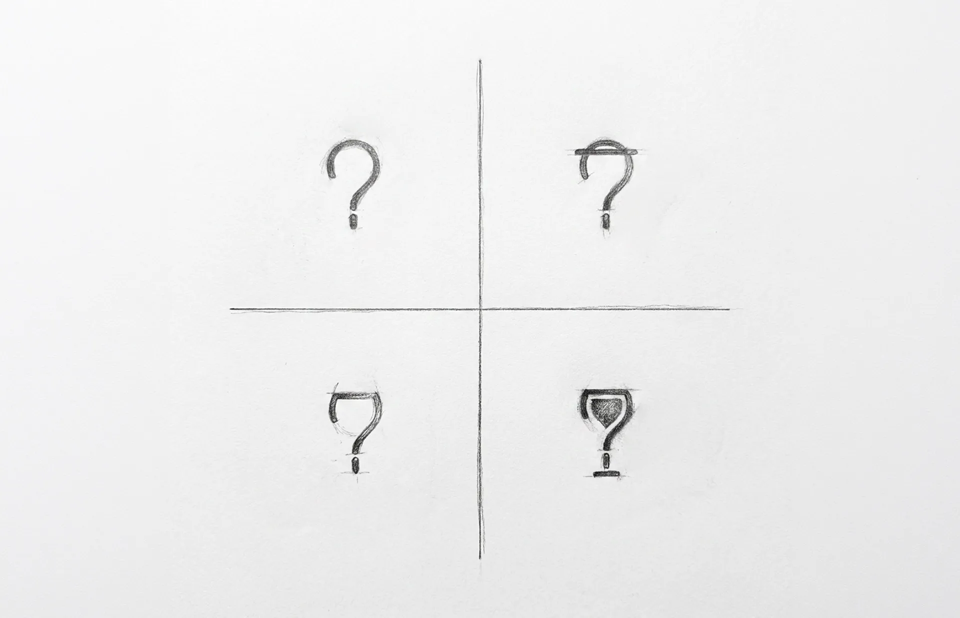 Sommify logo refinement sketches in pencil, four passes on the wine glass and question mark