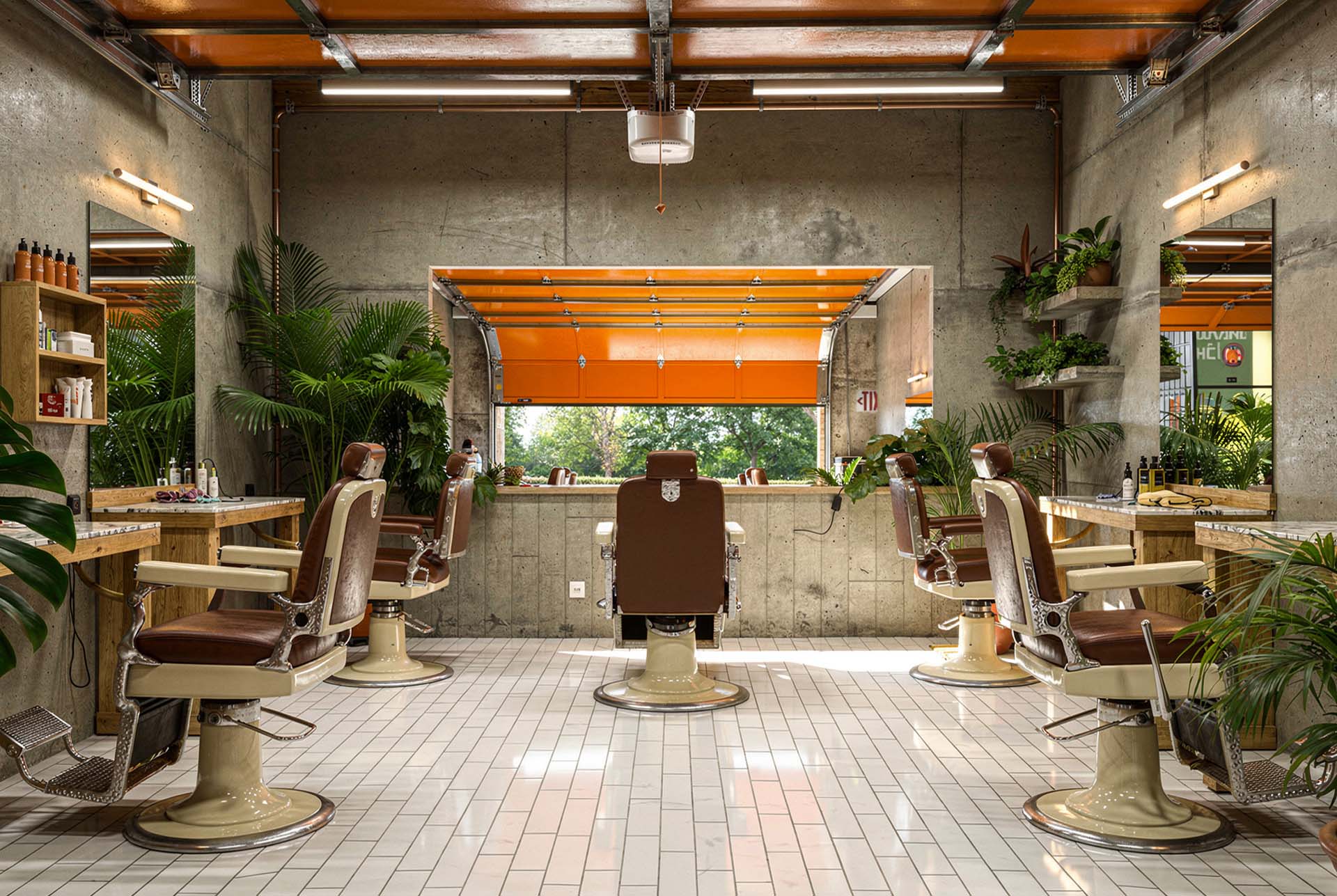 De León barbershop interior in concrete, orange steel and plants