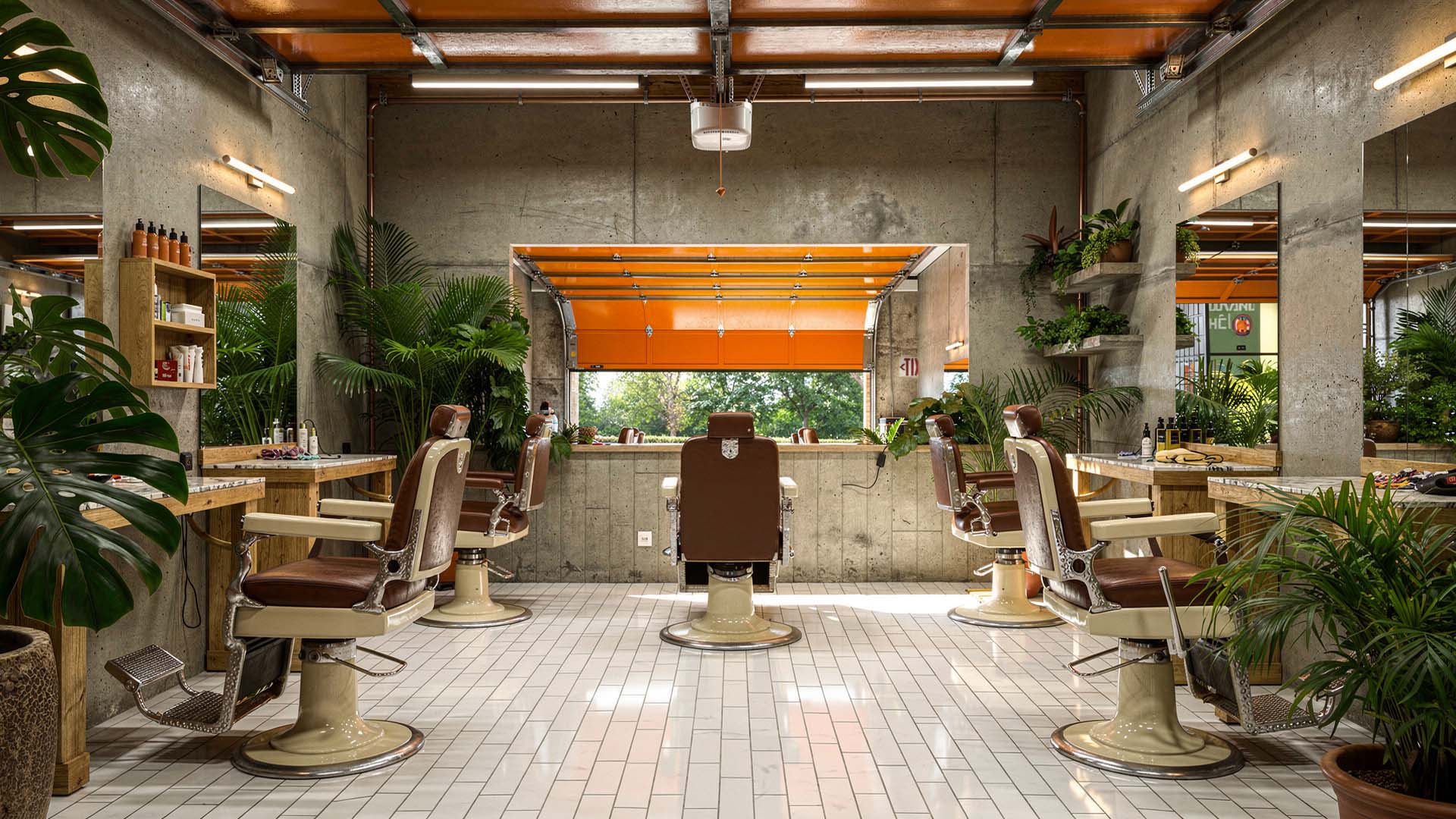 De León barbershop interior with branding