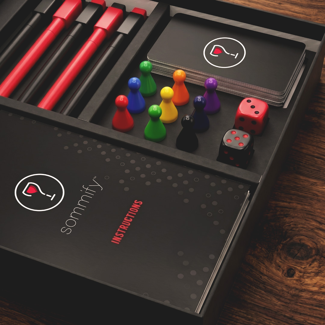 Sommify board game packaging interior with components