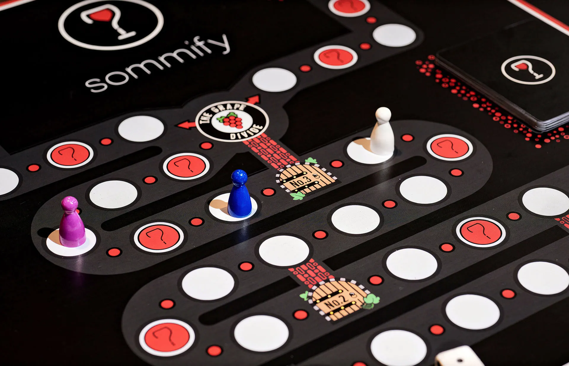 The printed Sommify board in play with pawns and dice