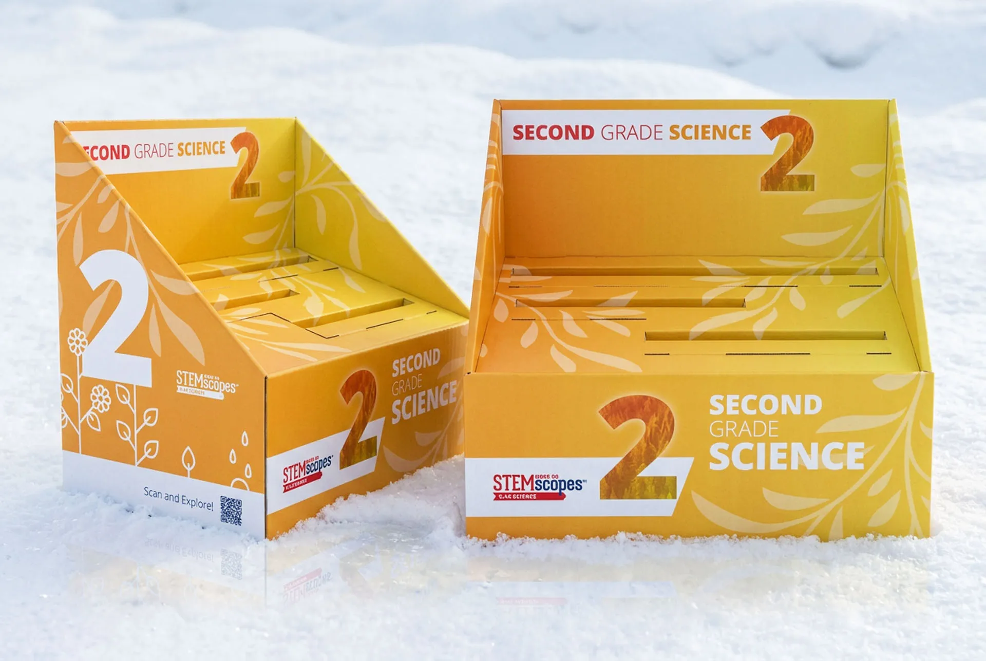 The second grade science kit opened out into two shelf ready display trays, the printed interior carrying the numeral 2 and leaf pattern