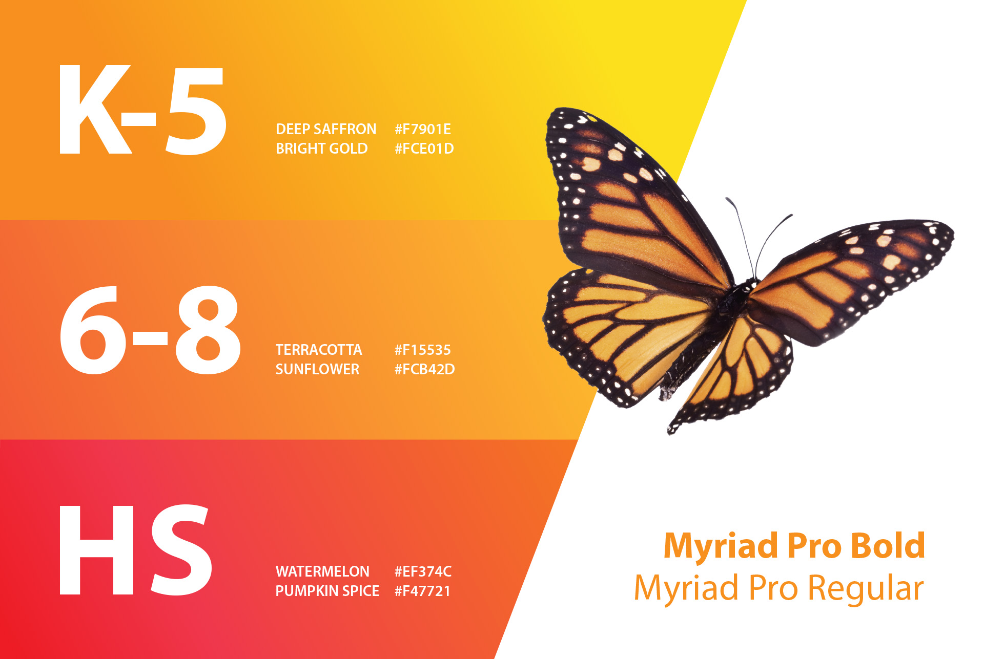 The Texas STEMscopes colour and type spec, K-5 in Deep Saffron and Bright Gold, 6-8 in Terracotta and Sunflower, HS in Watermelon and Pumpkin Spice, set in Myriad Pro