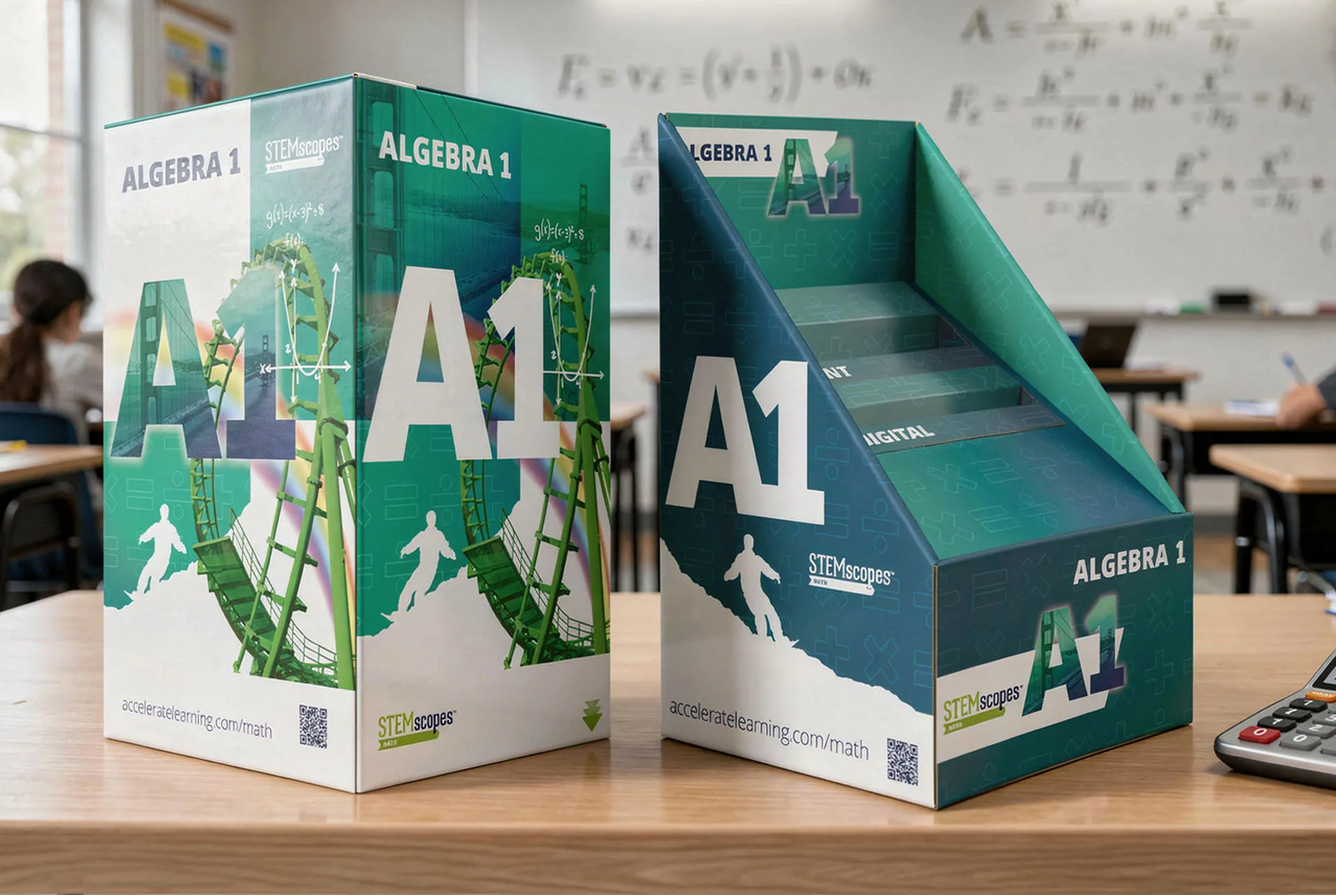 Math Nation Algebra 1 kit box and open display packaging on a classroom desk