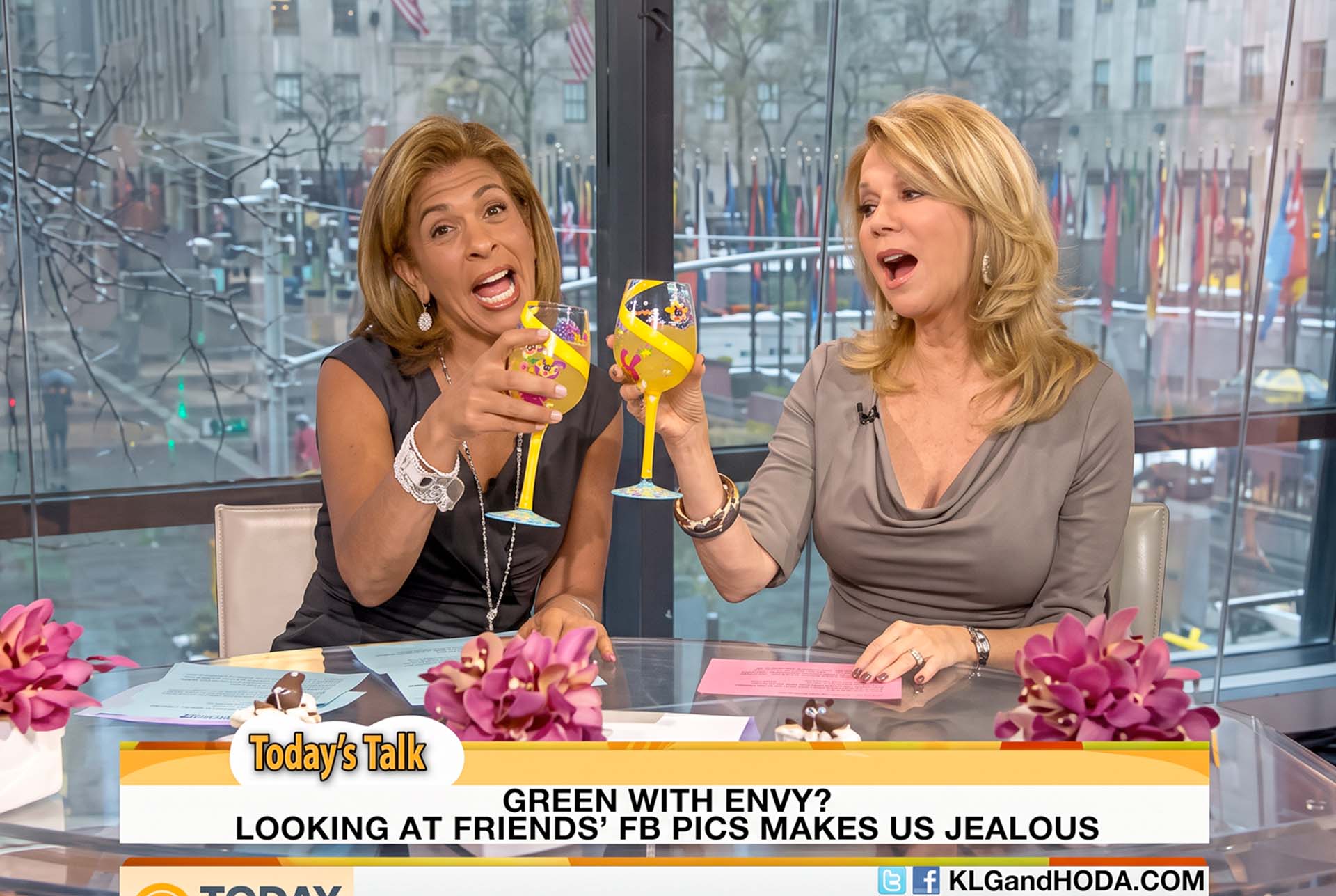 Today show, Kathie Lee and Hoda toasting with Designs by Lolita glasses
