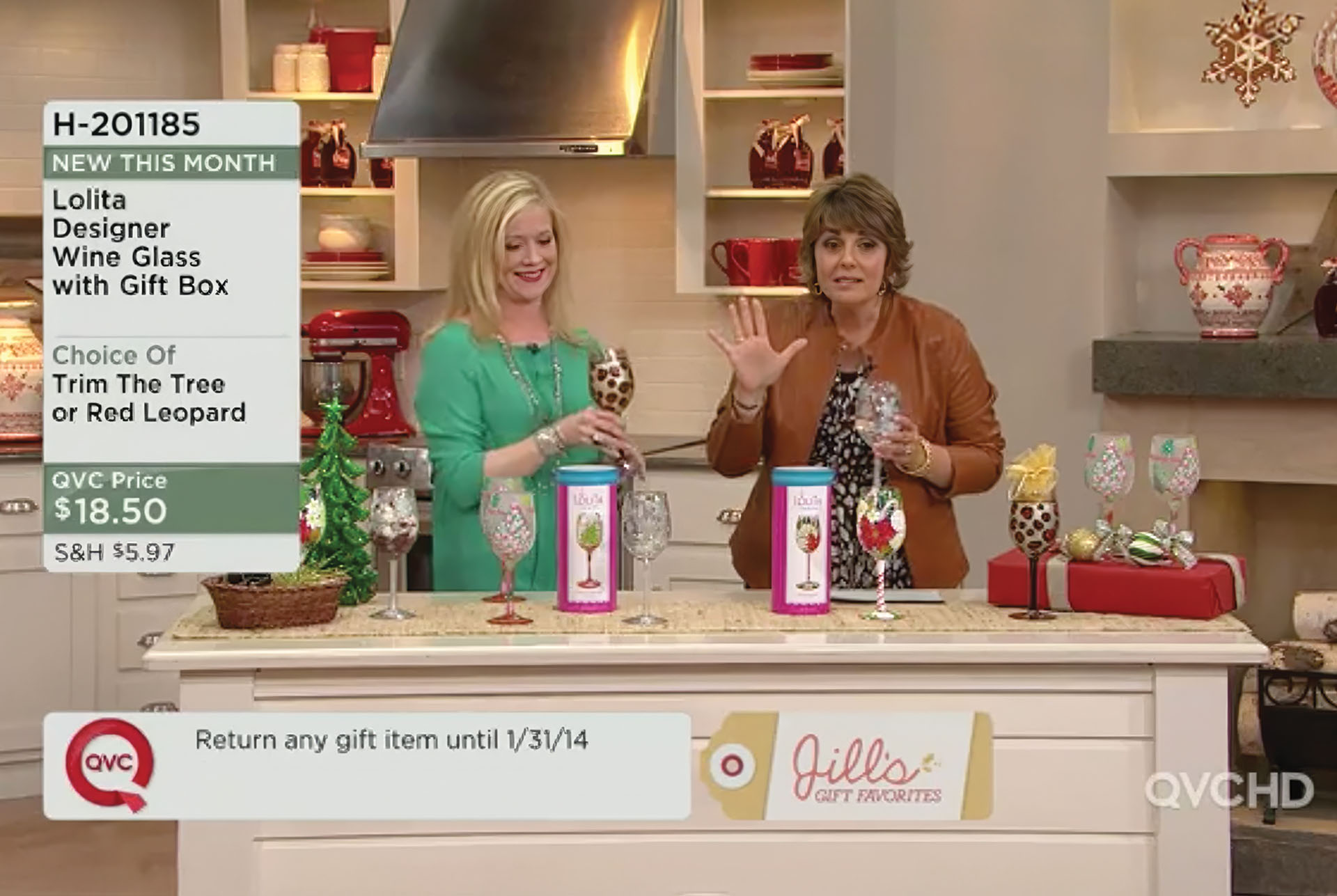 QVC on-air segment featuring a Designs by Lolita designer wine glass