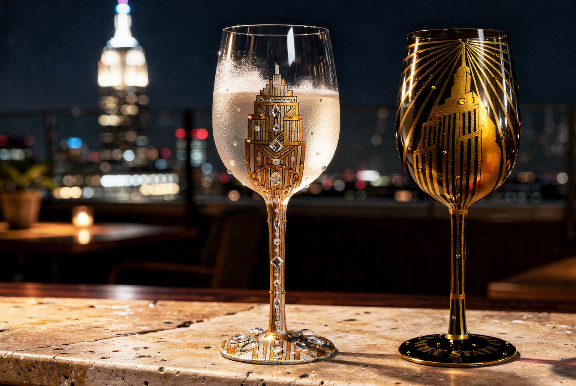 Custom Empire State Building hand-painted glassware