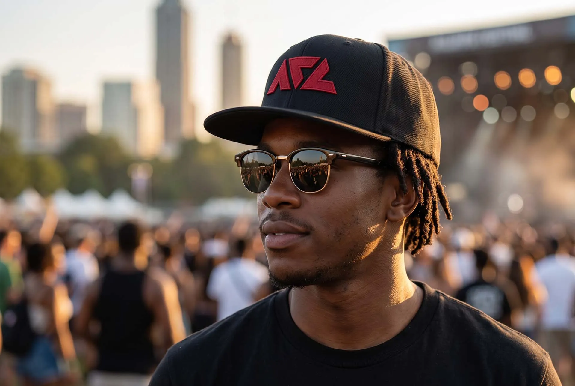 A man in an ATL cap at an outdoor event with the Atlanta skyline behind him