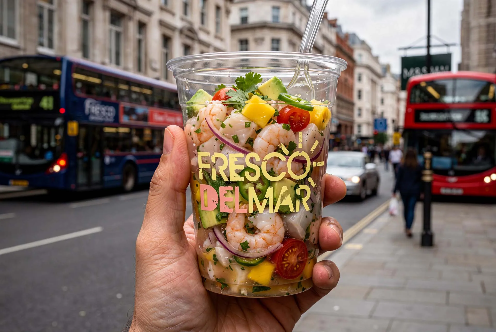 A hand holding a Fresco Del Mar ceviche cup on a London street