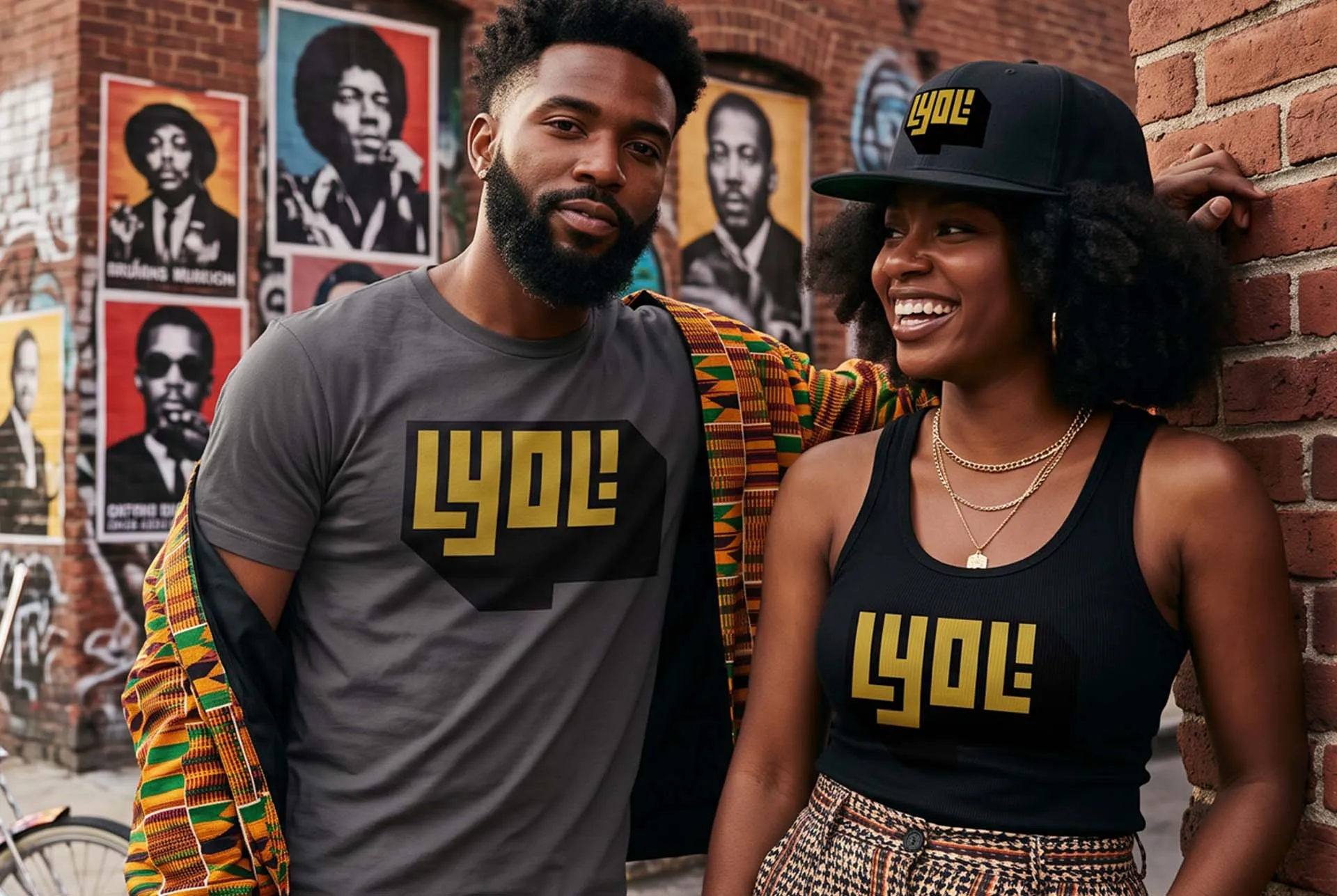 A couple in LYOL tees and a cap standing against a mural wall