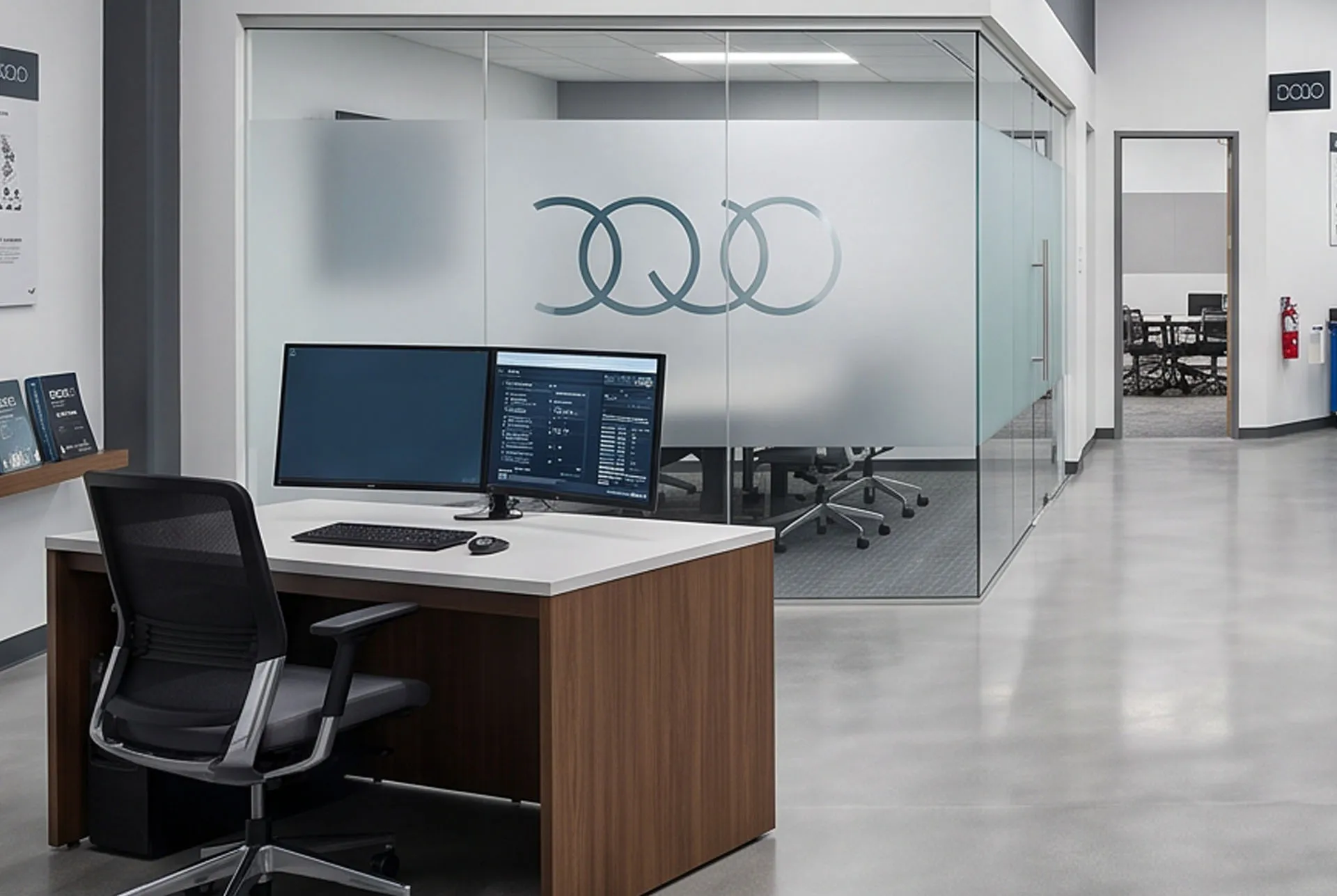 The Volkswagen Dojo rings applied to a glass partition in an office workspace