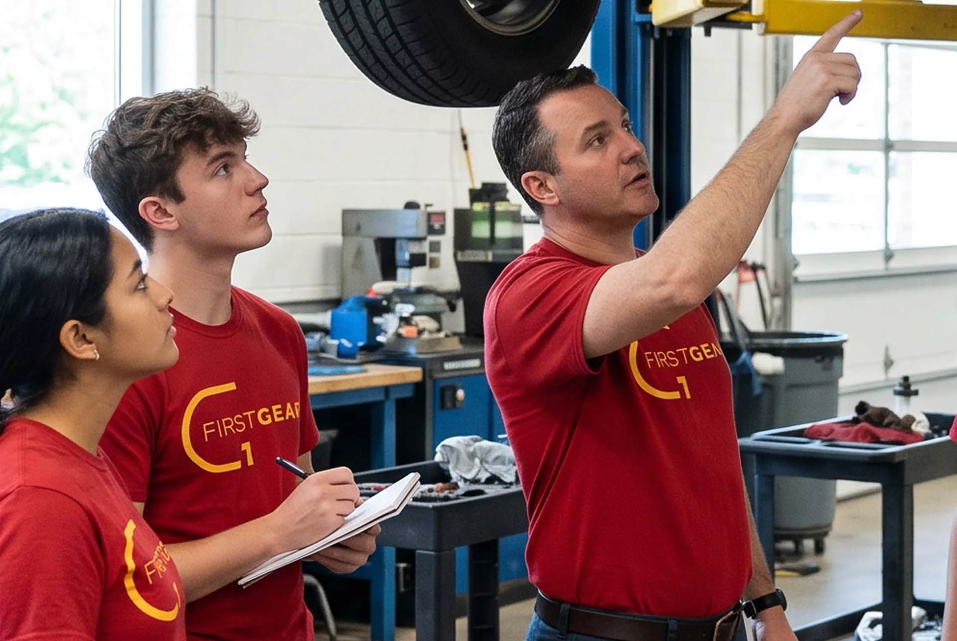 Technicians in red First Gear shirts working beneath a raised car