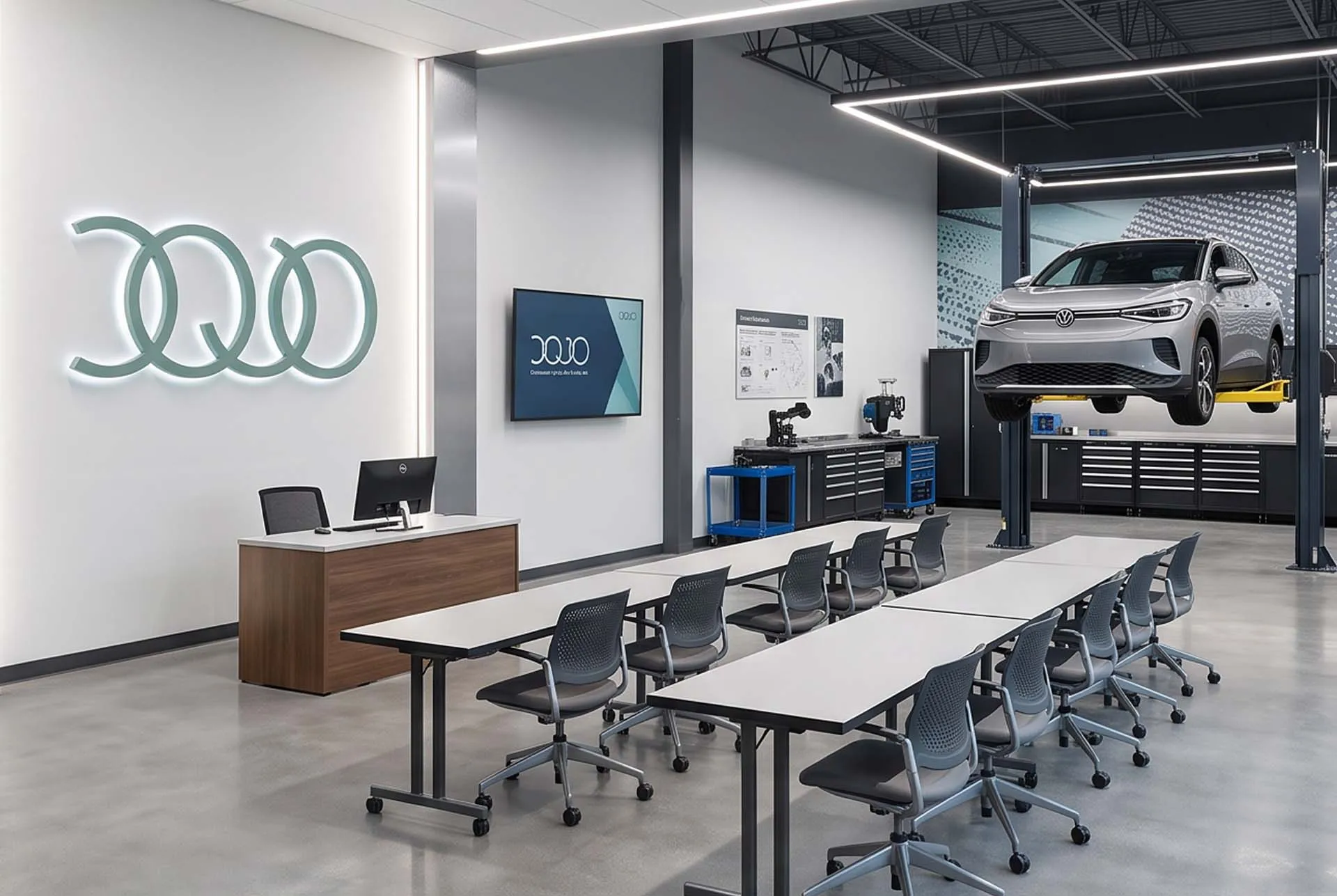 The Volkswagen Dojo rings on the wall of a training centre, with a vehicle on the floor and rows of desks