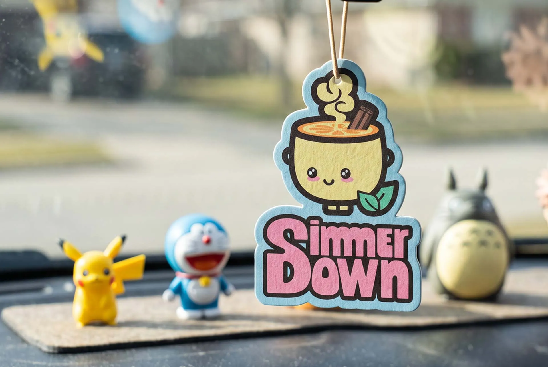A Simmer Down sticker propped on a pavement beside collectible figures