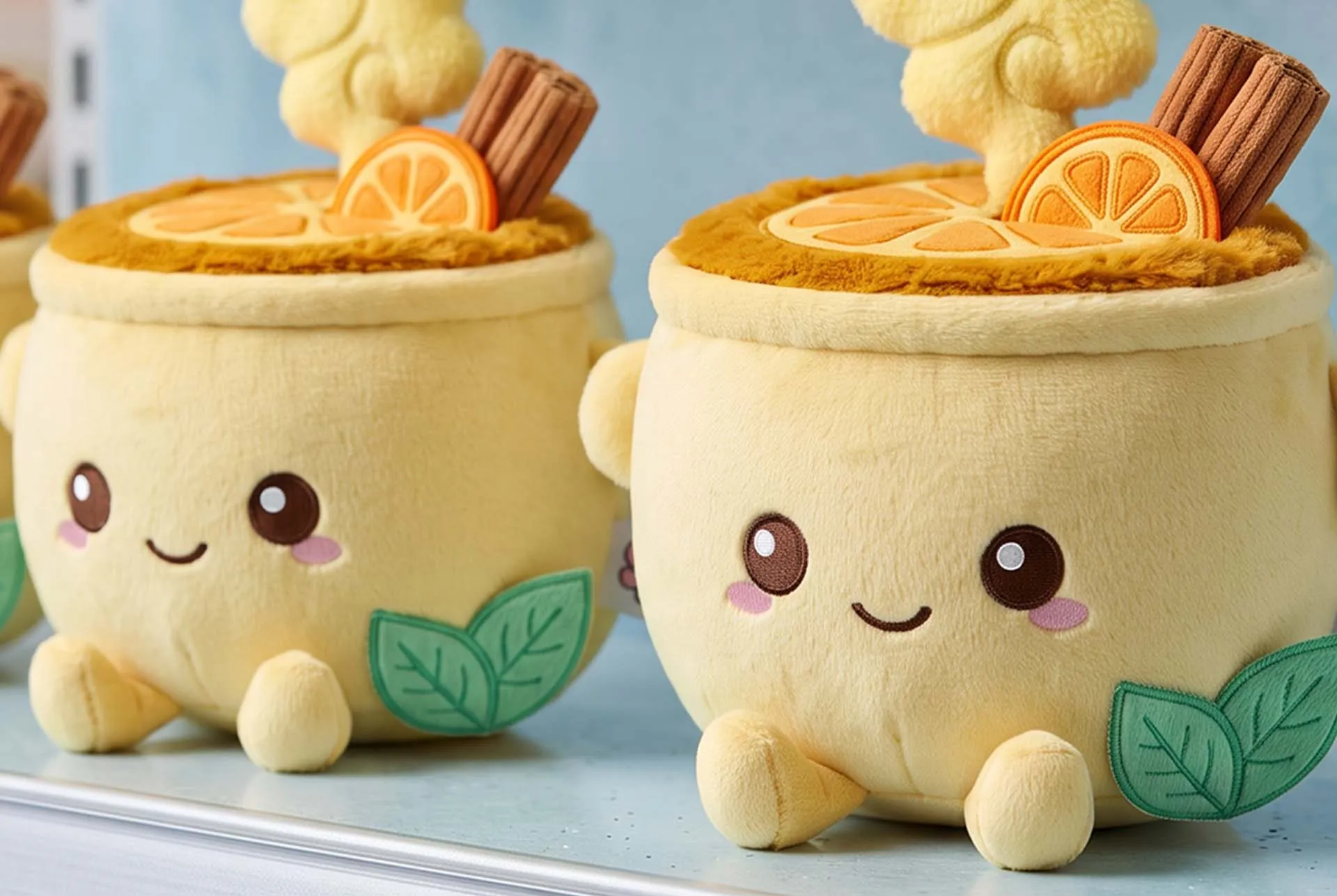 Two Simmer Down plush pot toys with cinnamon sticks and orange slices