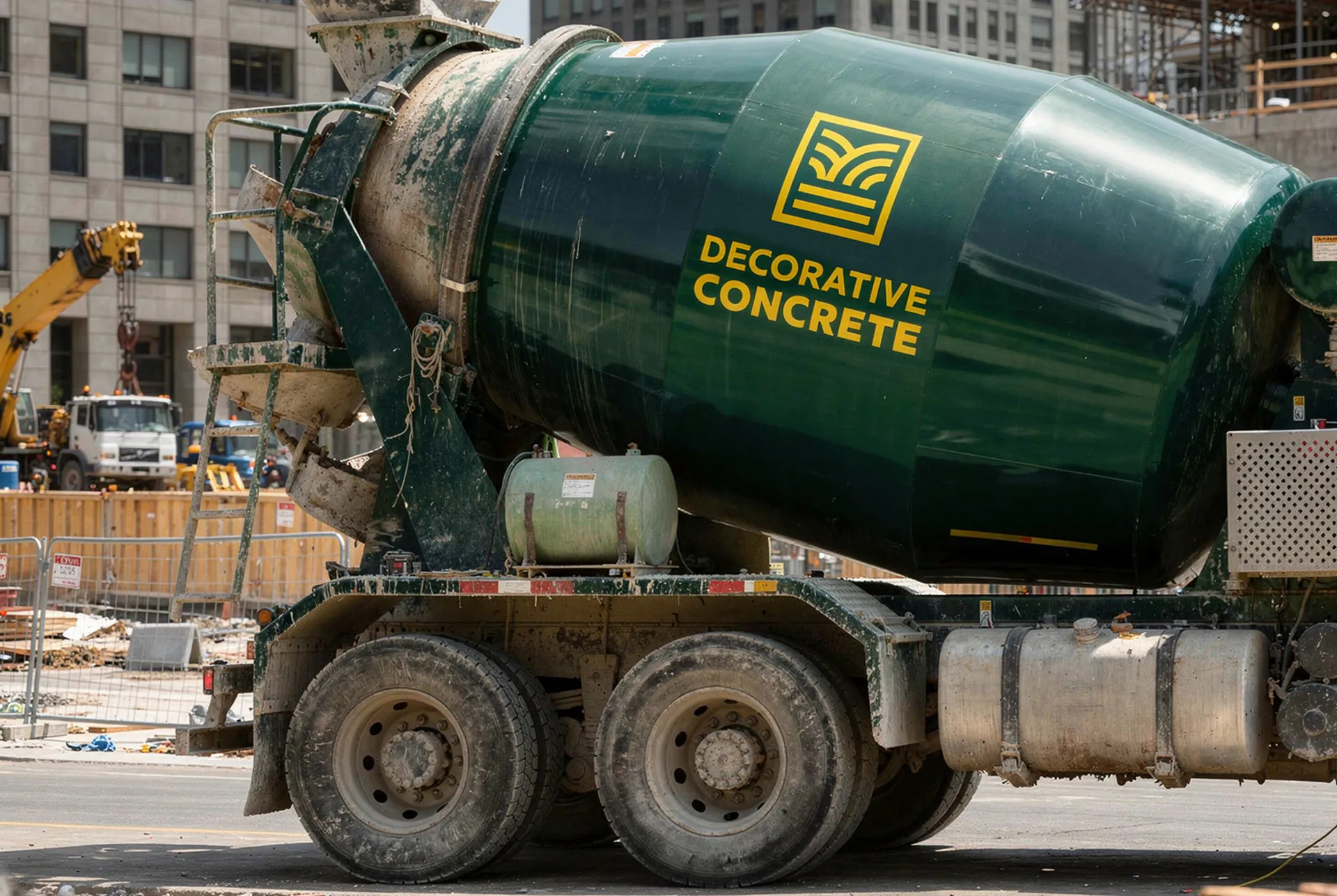 The Decorative Concrete logo on the drum of a green cement mixer truck