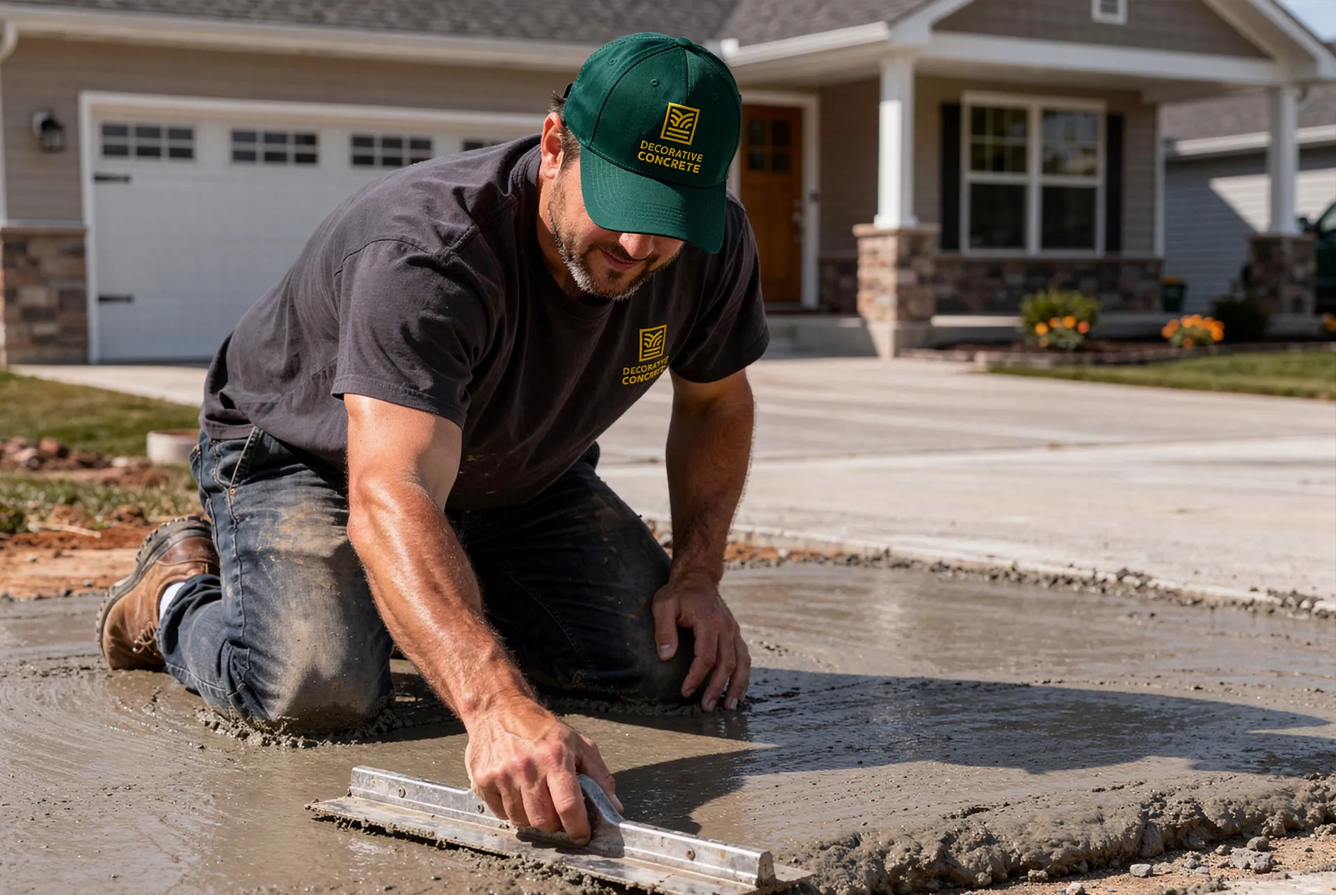 A worker in a Decorative Concrete cap finishing a driveway slab