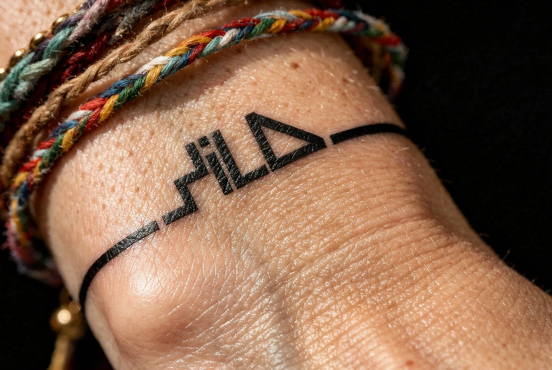 The Wild mark on a cord bracelet worn on a wrist