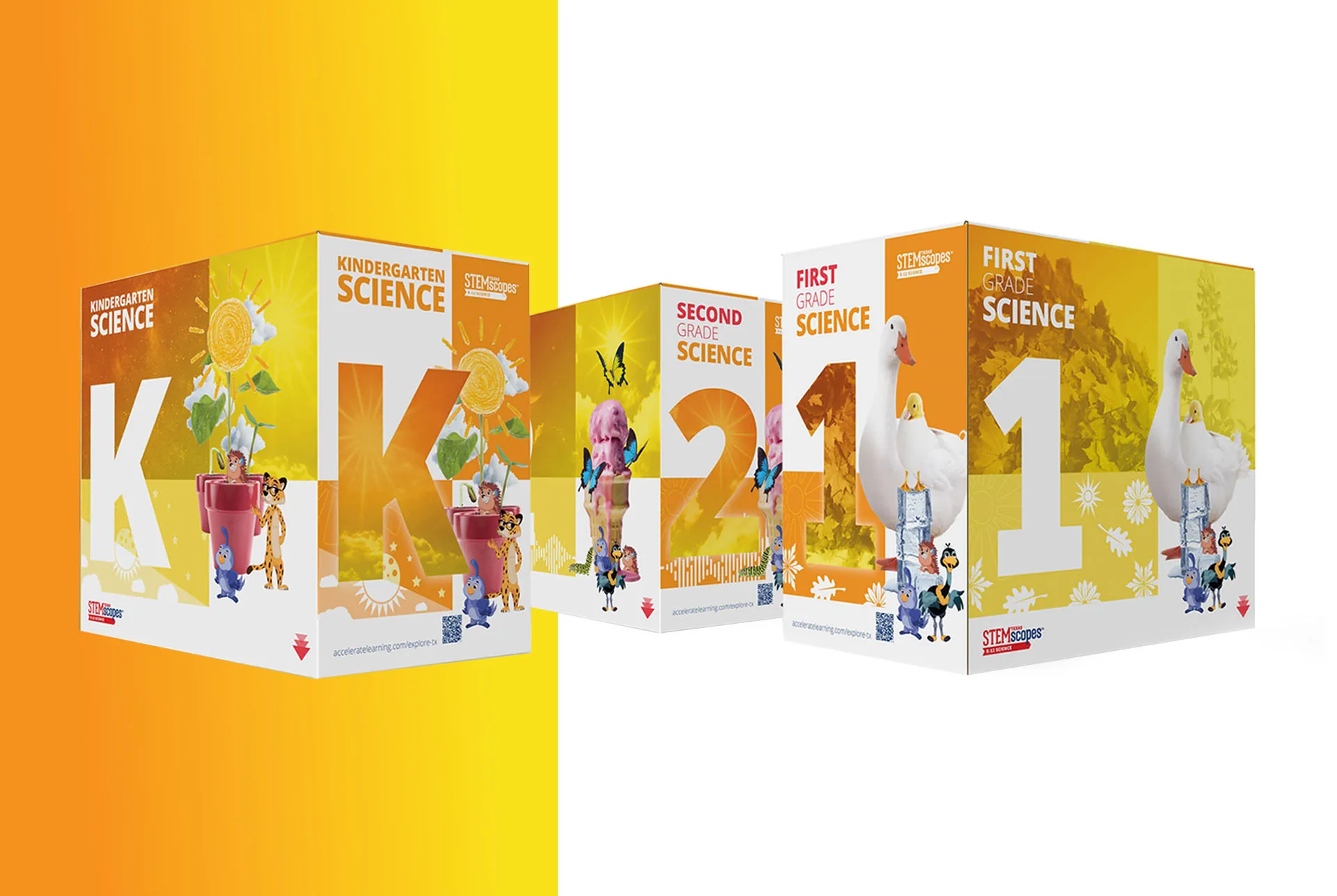 STEMscopes kindergarten, first and second grade science kit packaging in saffron and gold