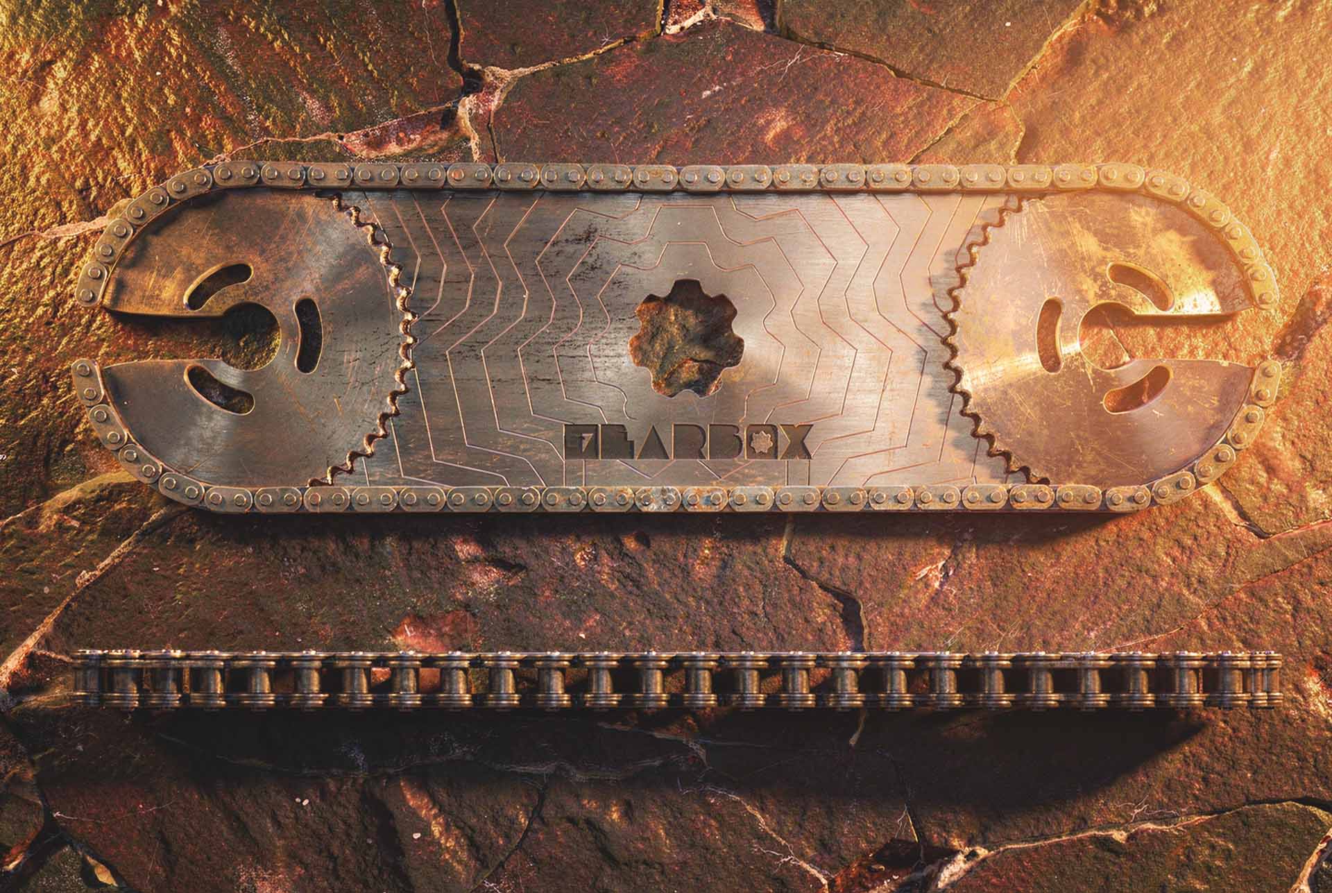 The Bracket wine caddy, a machined sprocket and chain design etched with the Gearbox logo, product design concept