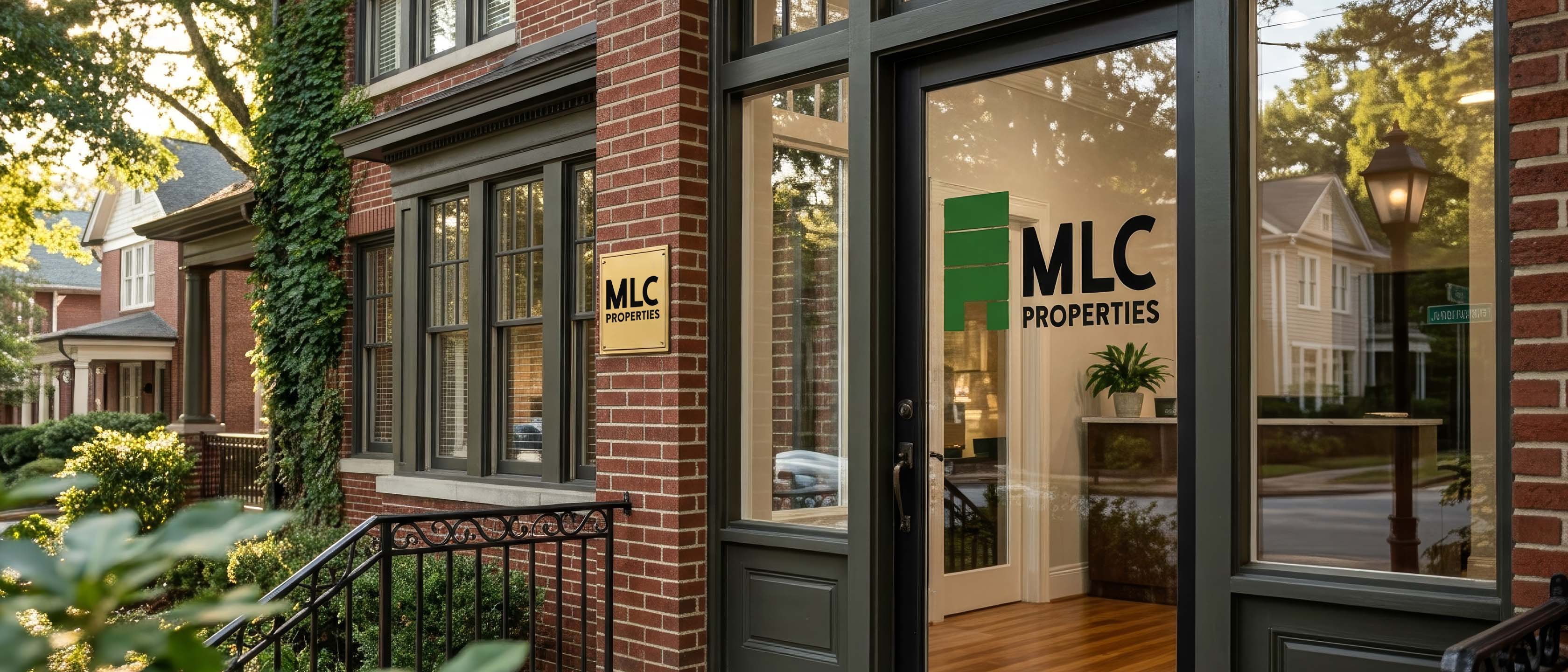 The MLC Properties office entrance, a brick townhouse with the green mark on the glass door and a small plaque beside it