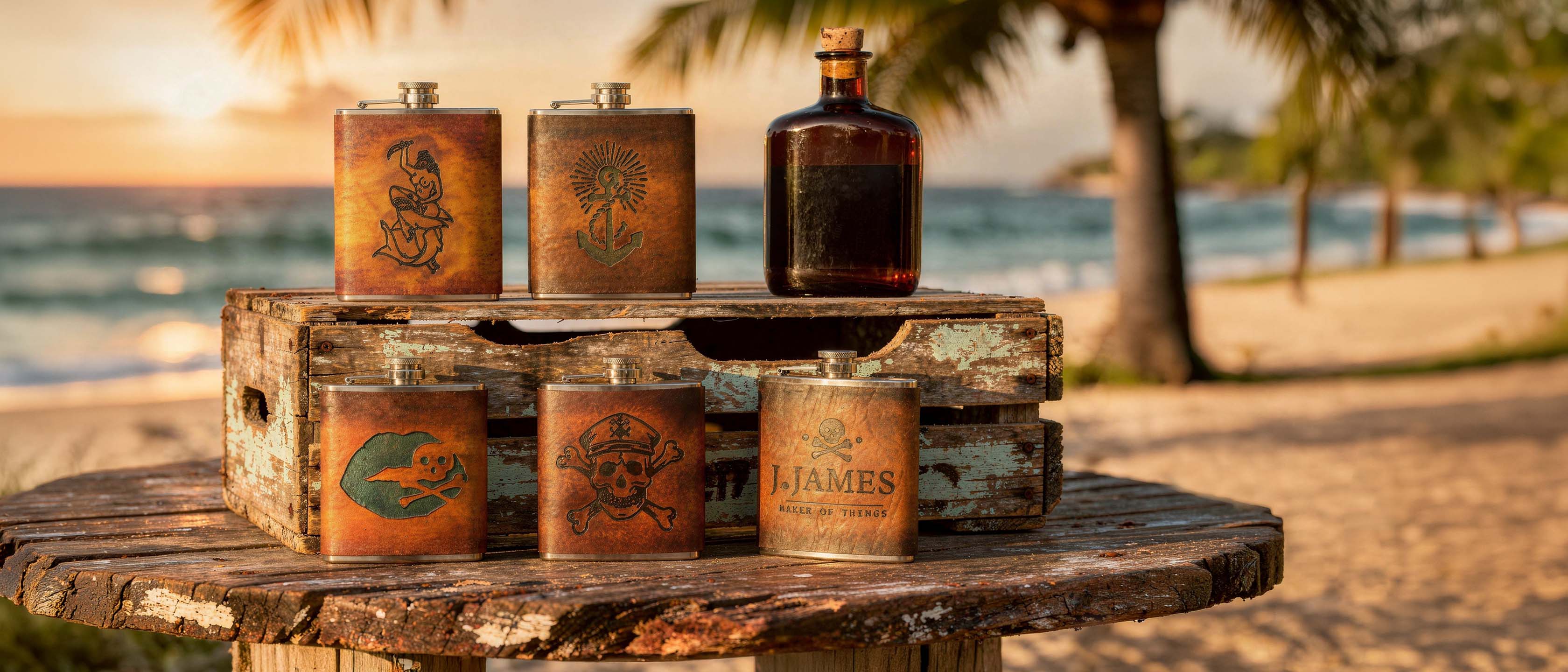 Six leather wrapped J. James flasks and a whiskey bottle arranged on a weathered crate, palms and ocean behind them at sunset